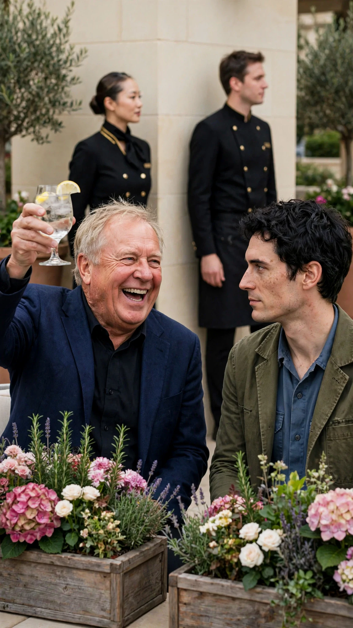 Lionel laughs at Benedict while two hotel staff step back.