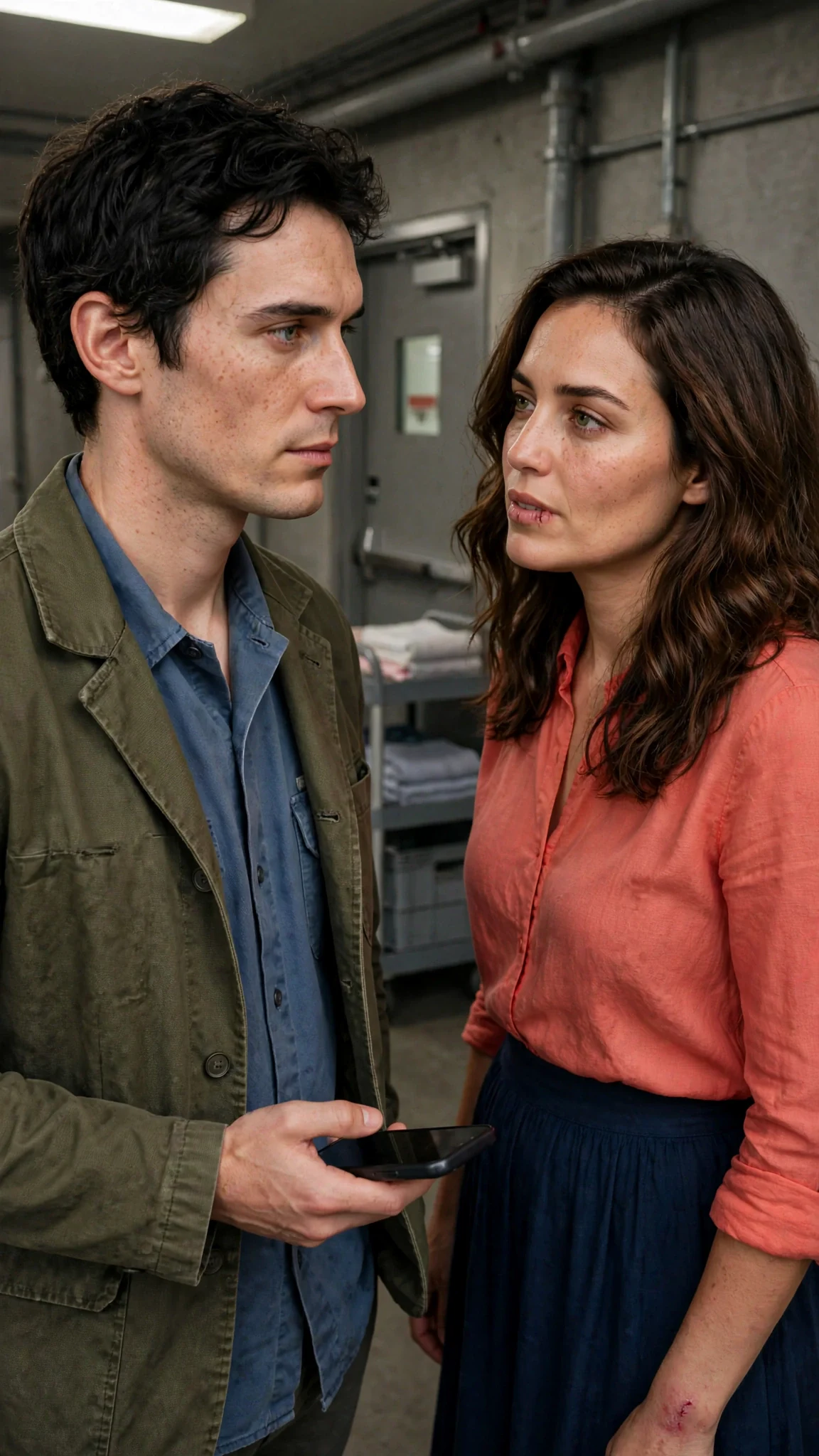 Benedict holds his dark phone while Marielle asks what Lionel meant.