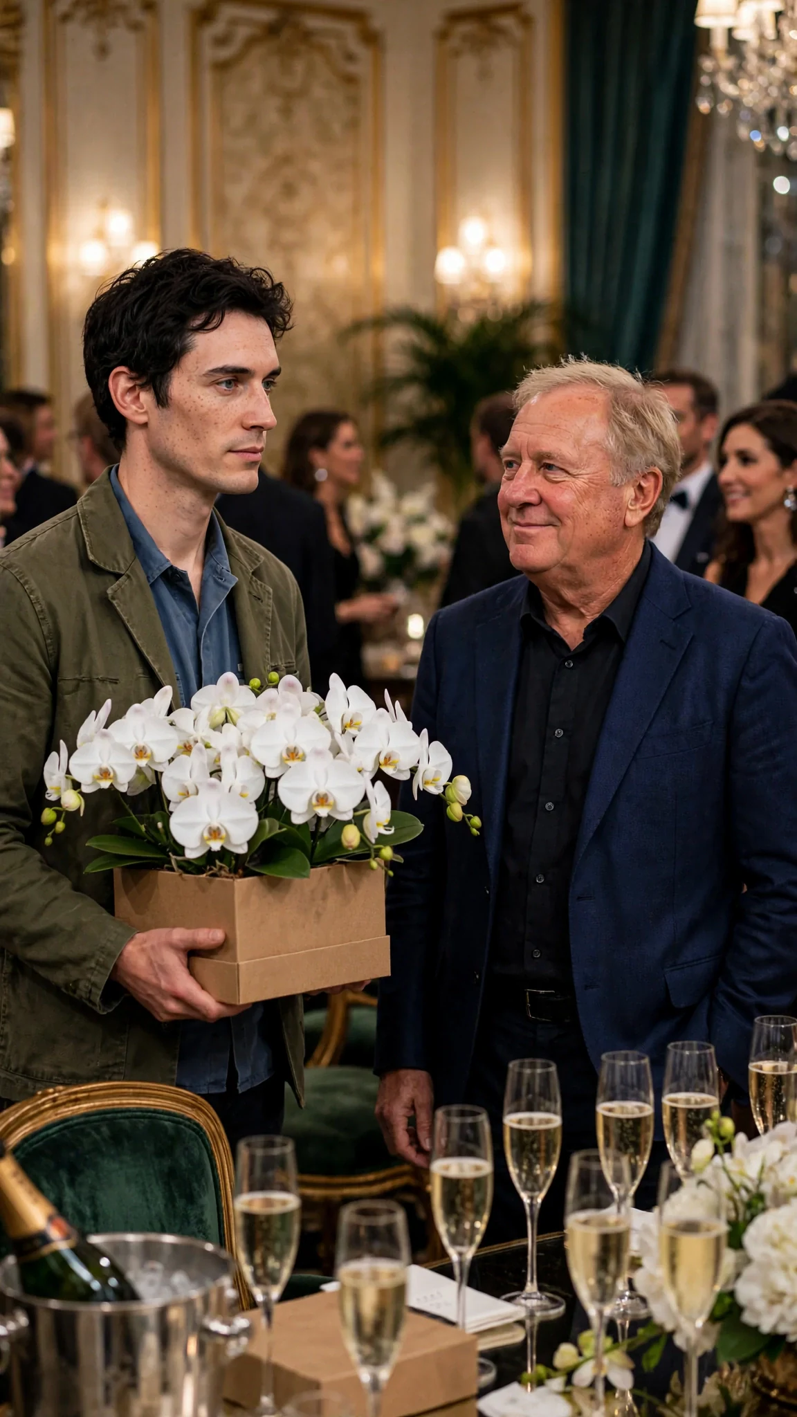 Benedict enters the hotel salon carrying orchids while Lionel talks loudly to guests.