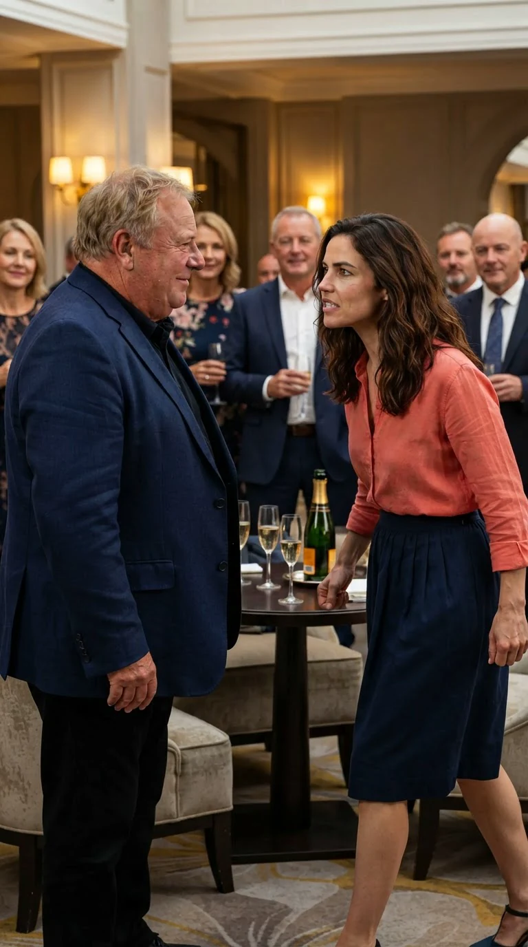 Marielle steps toward Lionel, her face angry, while he smiles at her.