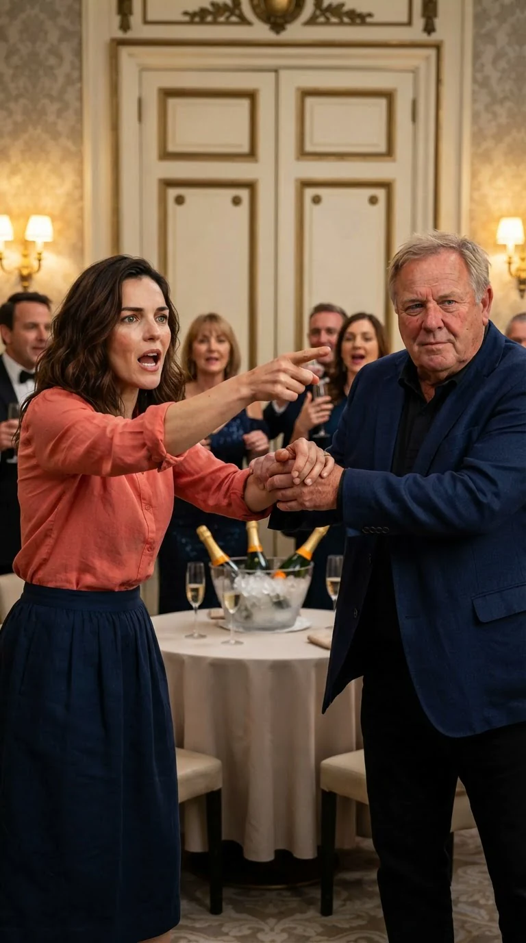 Lionel grabs Marielle's wrist while she points at the salon doors.