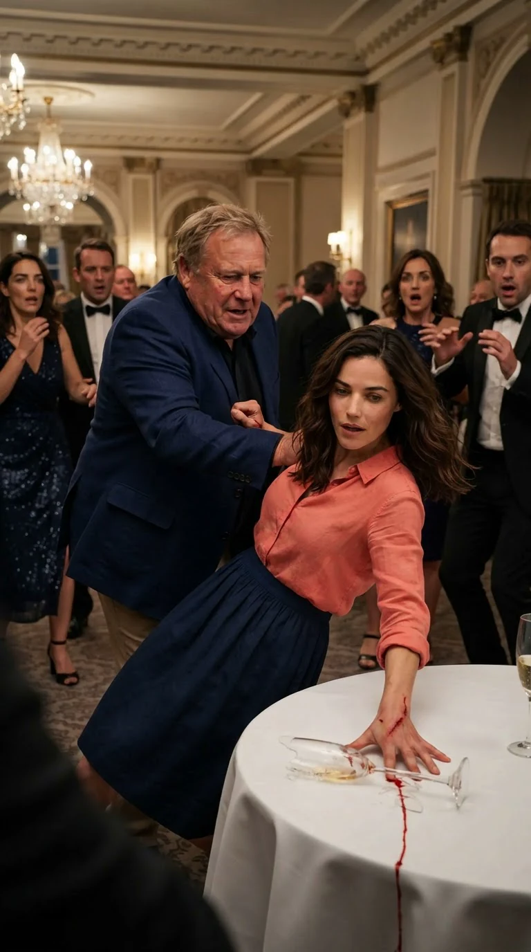 Marielle falls against the champagne table as broken glass cuts her hand.