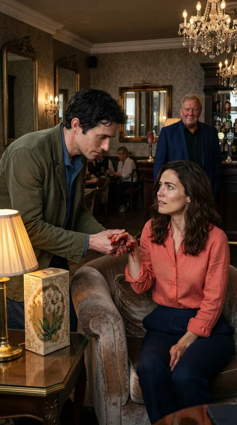 Benedict crosses the salon and gently takes Marielle's bleeding hand.
