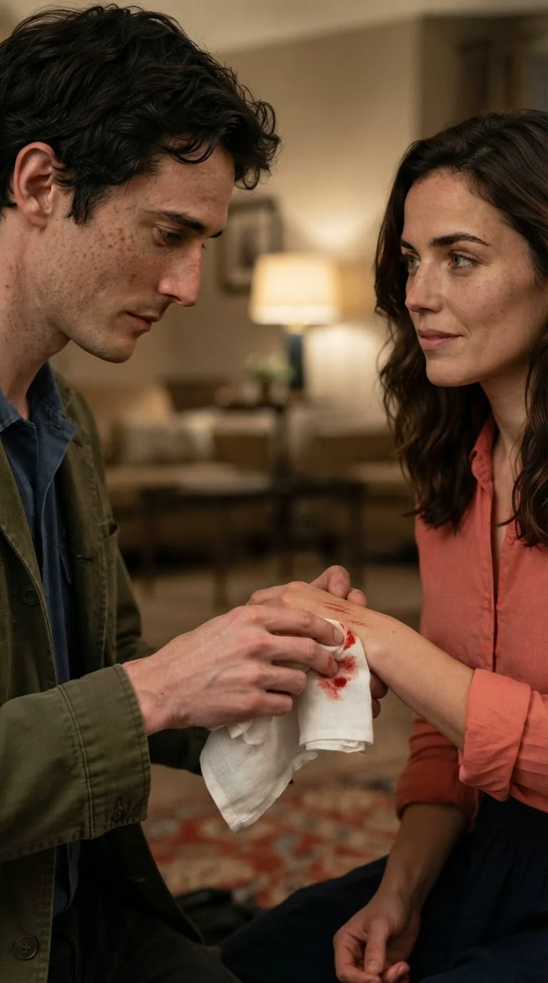 Benedict wipes blood from Marielle's fingers with his handkerchief.