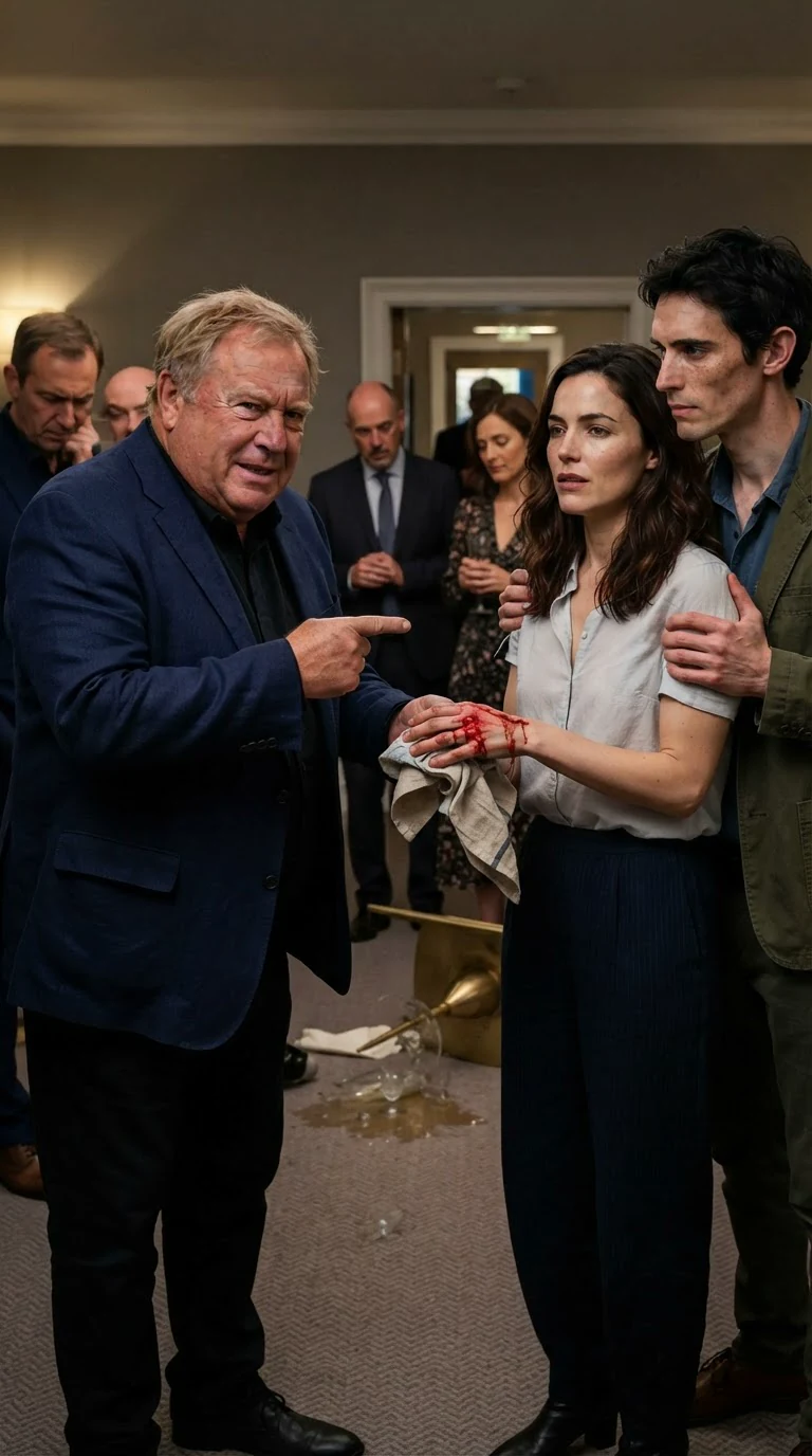 Lionel gestures at Marielle's cut hand while uncomfortable guests look away.