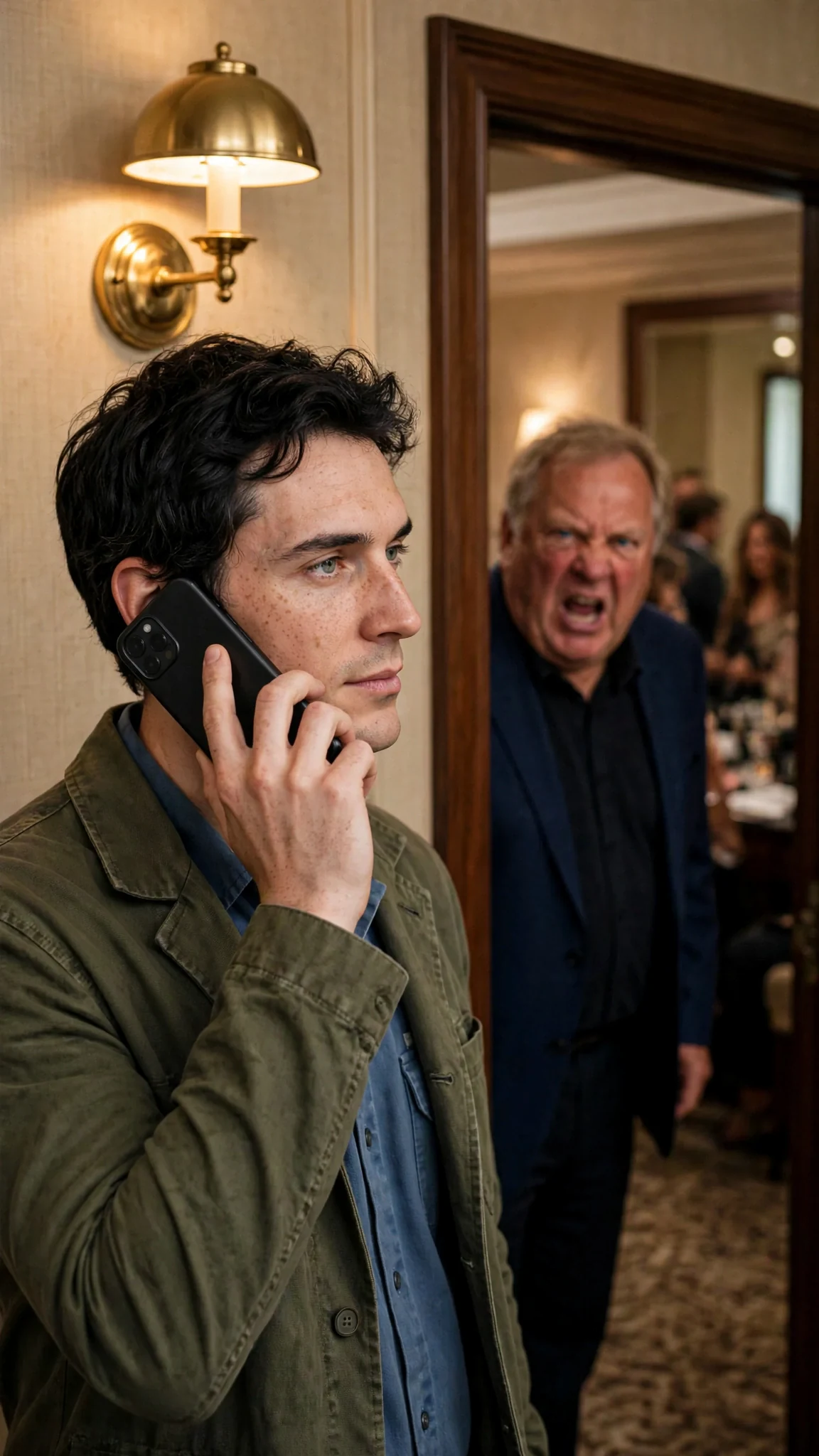 Benedict stands in the hotel hall with his phone to his ear as Lionel calls after him.