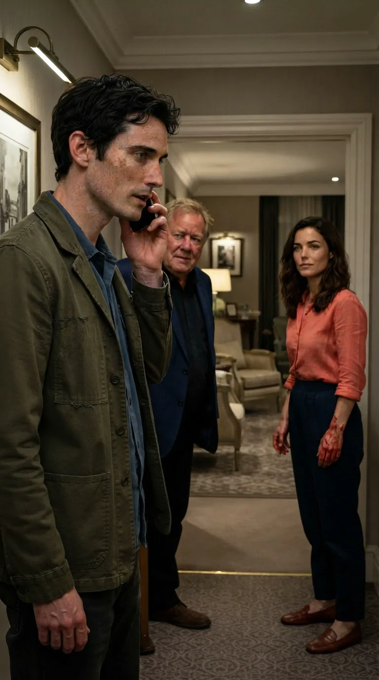 Benedict makes his call while Lionel goes pale and Marielle watches with blood on her hand.