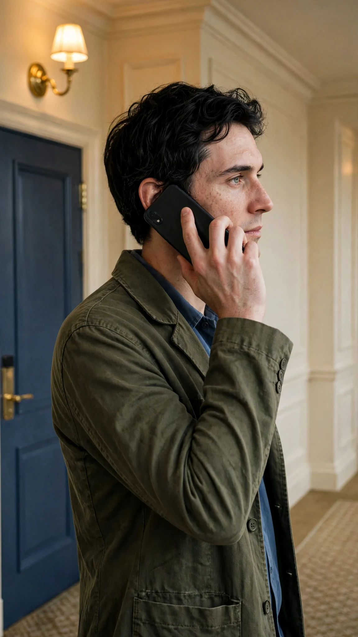 A tall man in an olive work jacket stands in a hotel corridor with a phone at his ear.