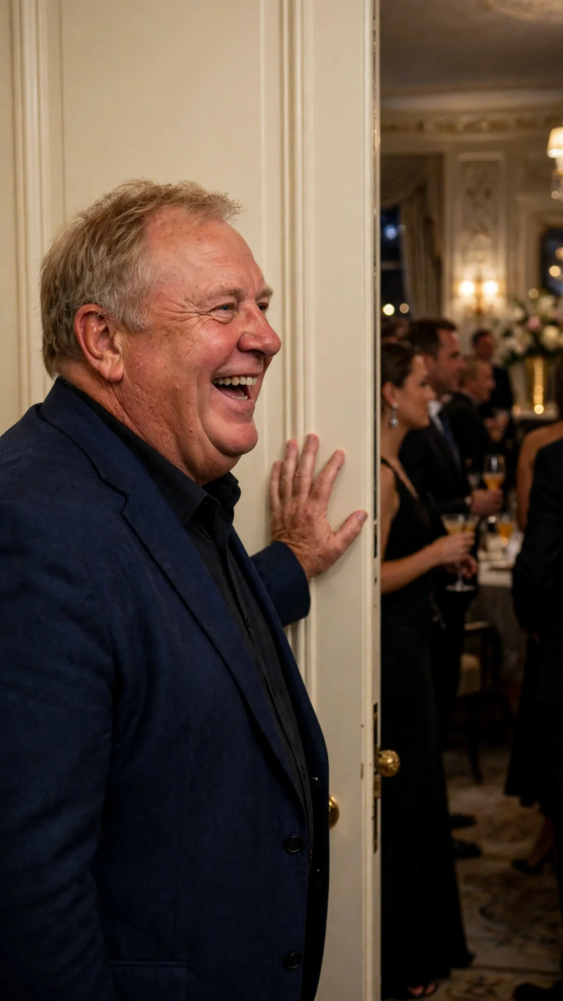 A heavyset man in a navy blazer laughs too loudly among evening guests, then pushes the tall door open.
