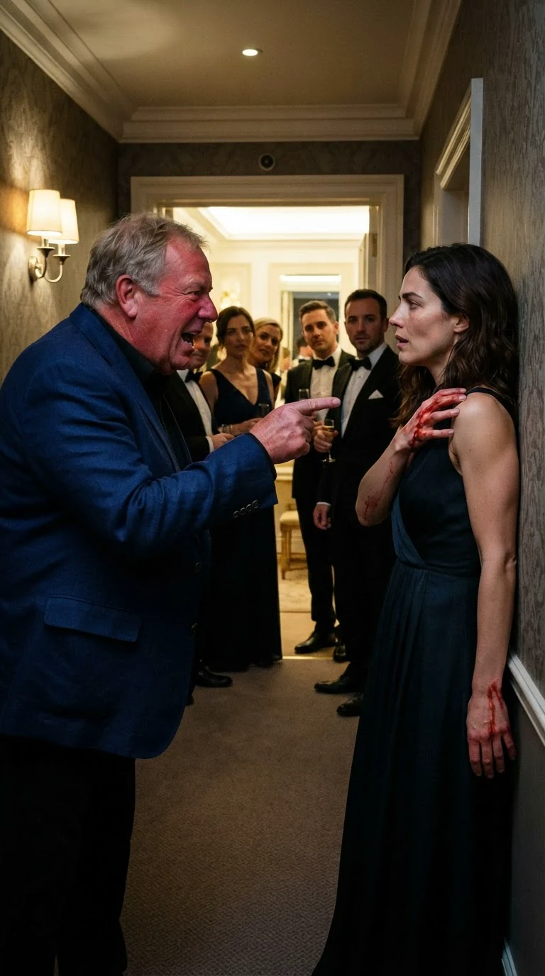 A man in a navy blazer points at a woman and speaks crudely in front of watching guests.
