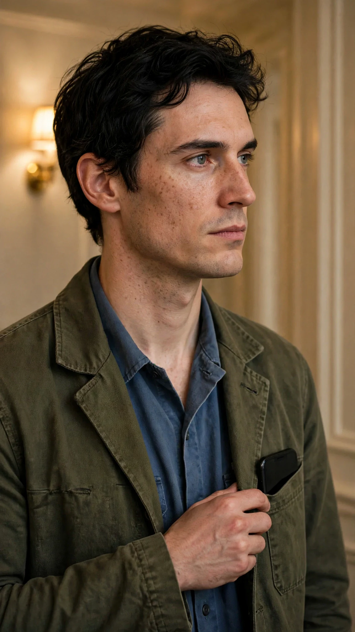 A tall man turns from the corridor window with his phone sliding into his pocket.