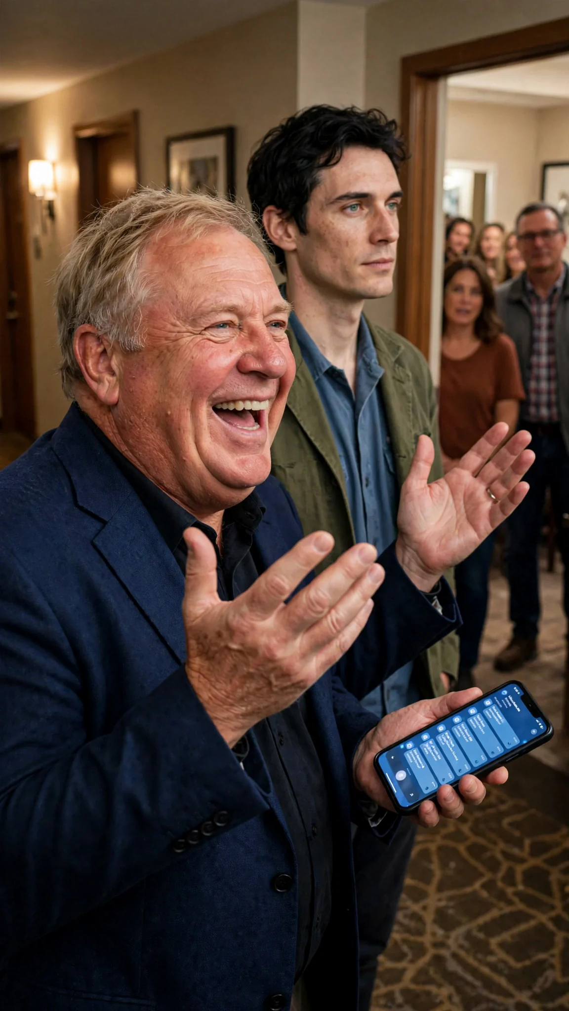 A heavyset man laughs and then his own phone rings in his hand.