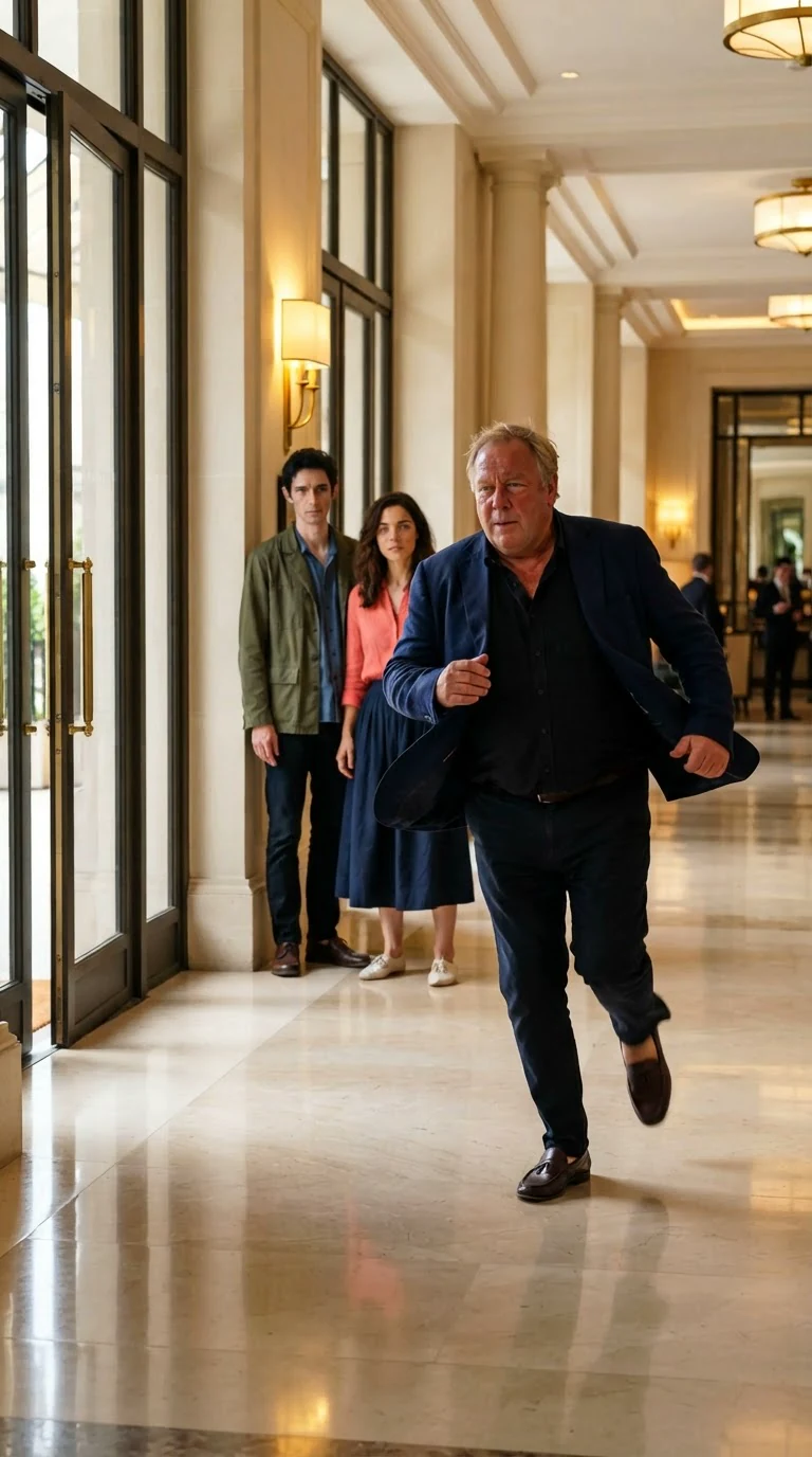 A heavyset man hurries down a marble hotel corridor toward the lobby doors.