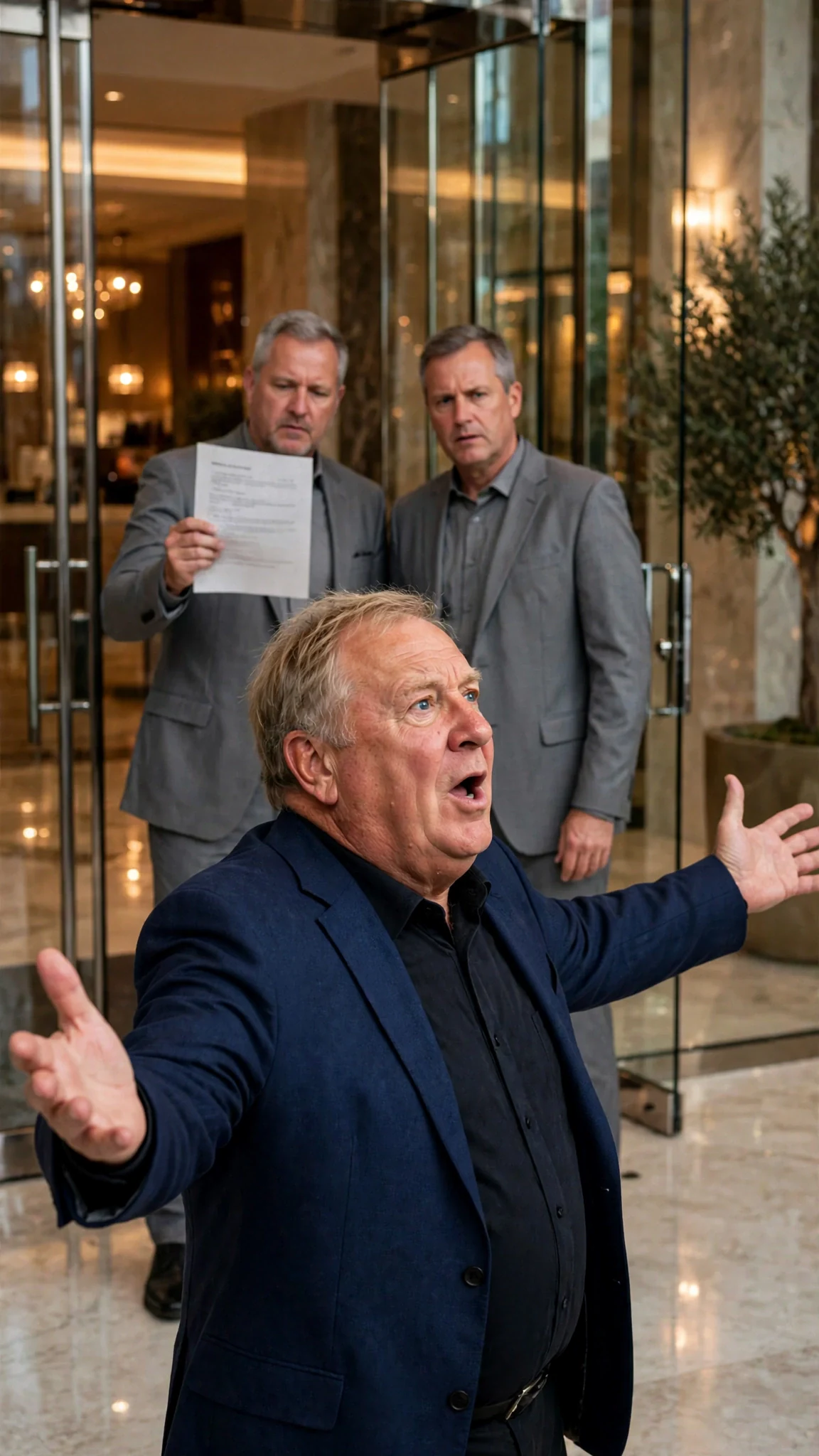 Two hotel men in gray suits block the lobby doors and hold up a printed page.
