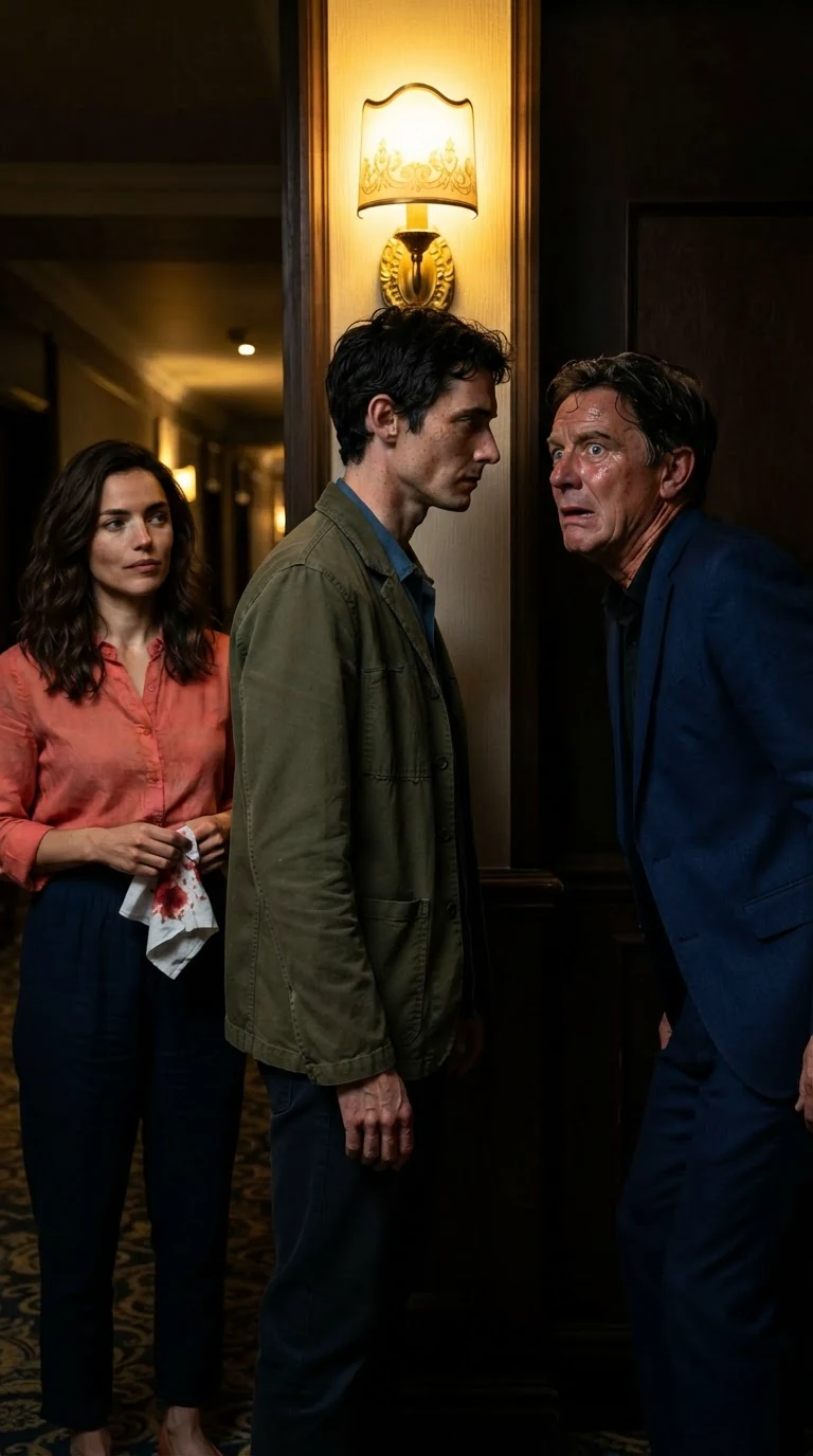 A calm man in a work jacket speaks quietly to a terrified man in a hotel corridor.
