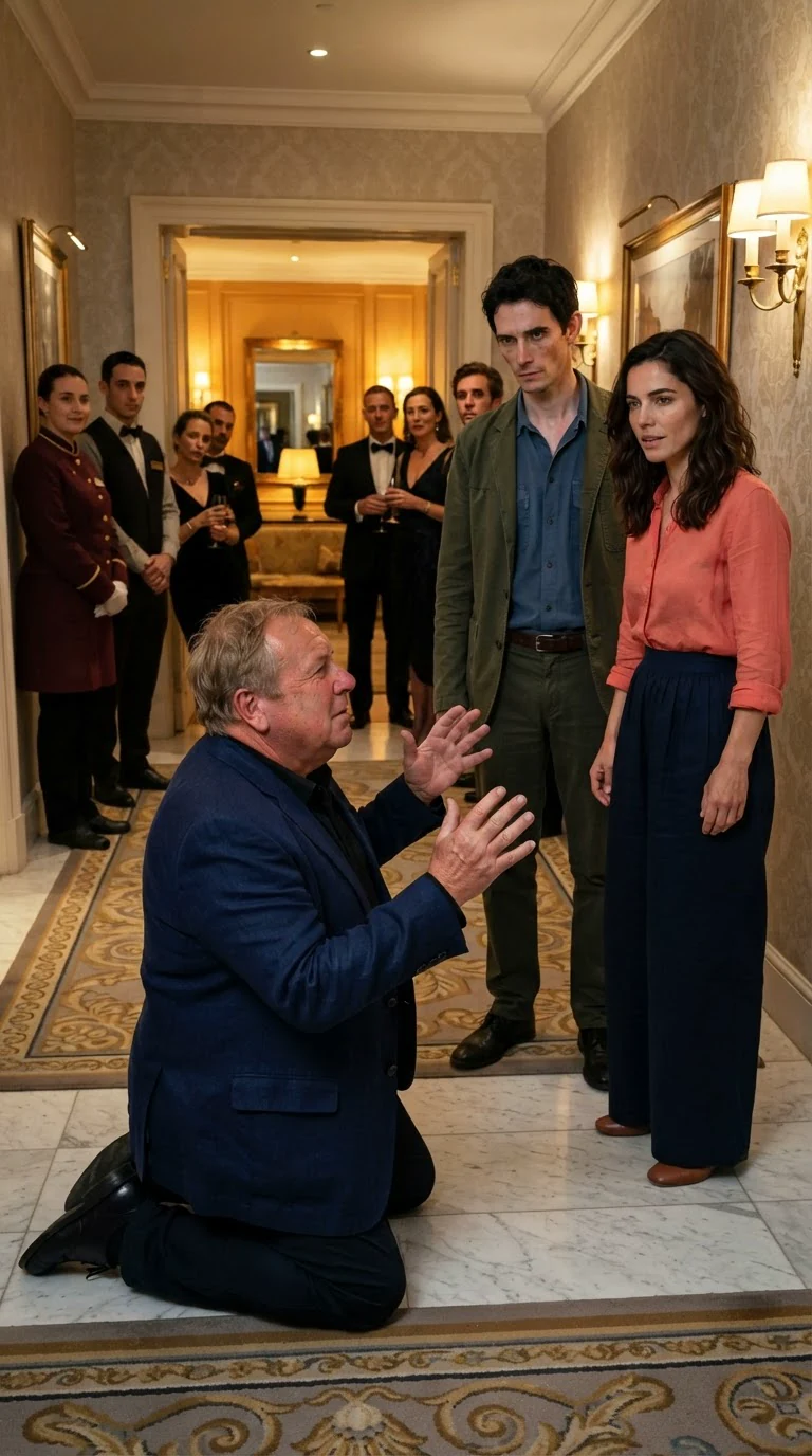 A heavyset man in a navy blazer kneels on a hotel carpet, hands raised.
