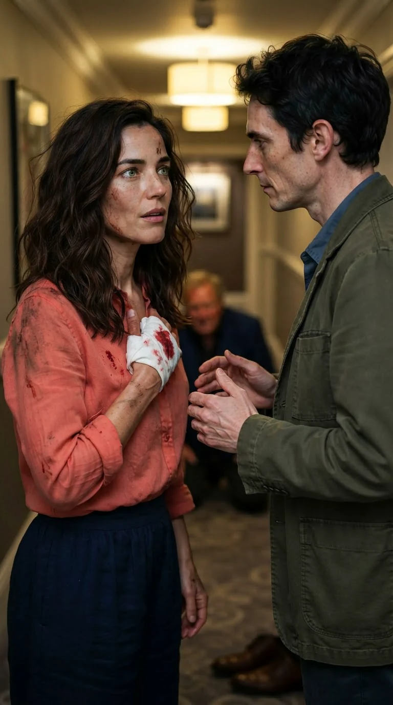 A woman with a bloodstained handkerchief stares at her calm husband.