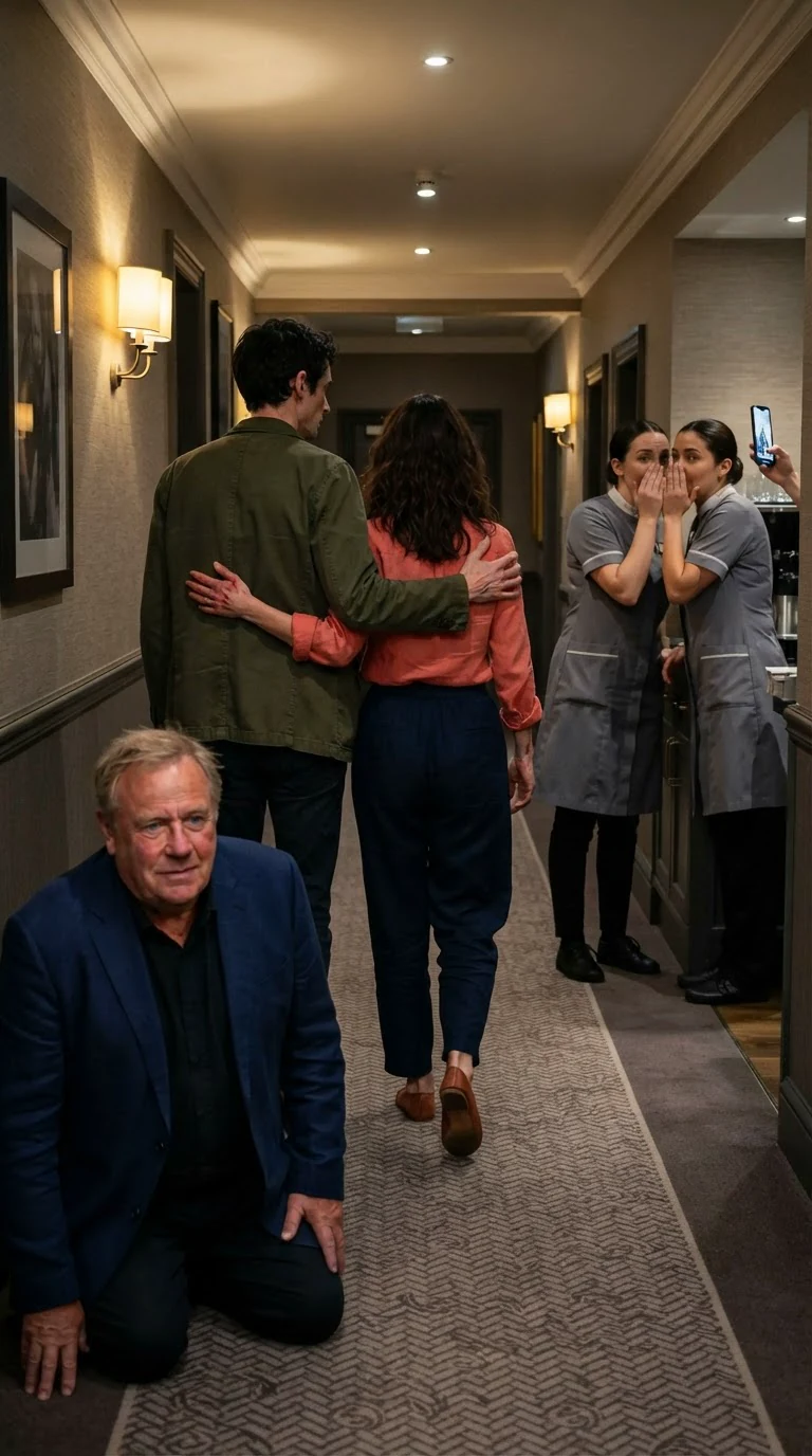 A tall man walks a woman away down the corridor while staff whisper behind them.