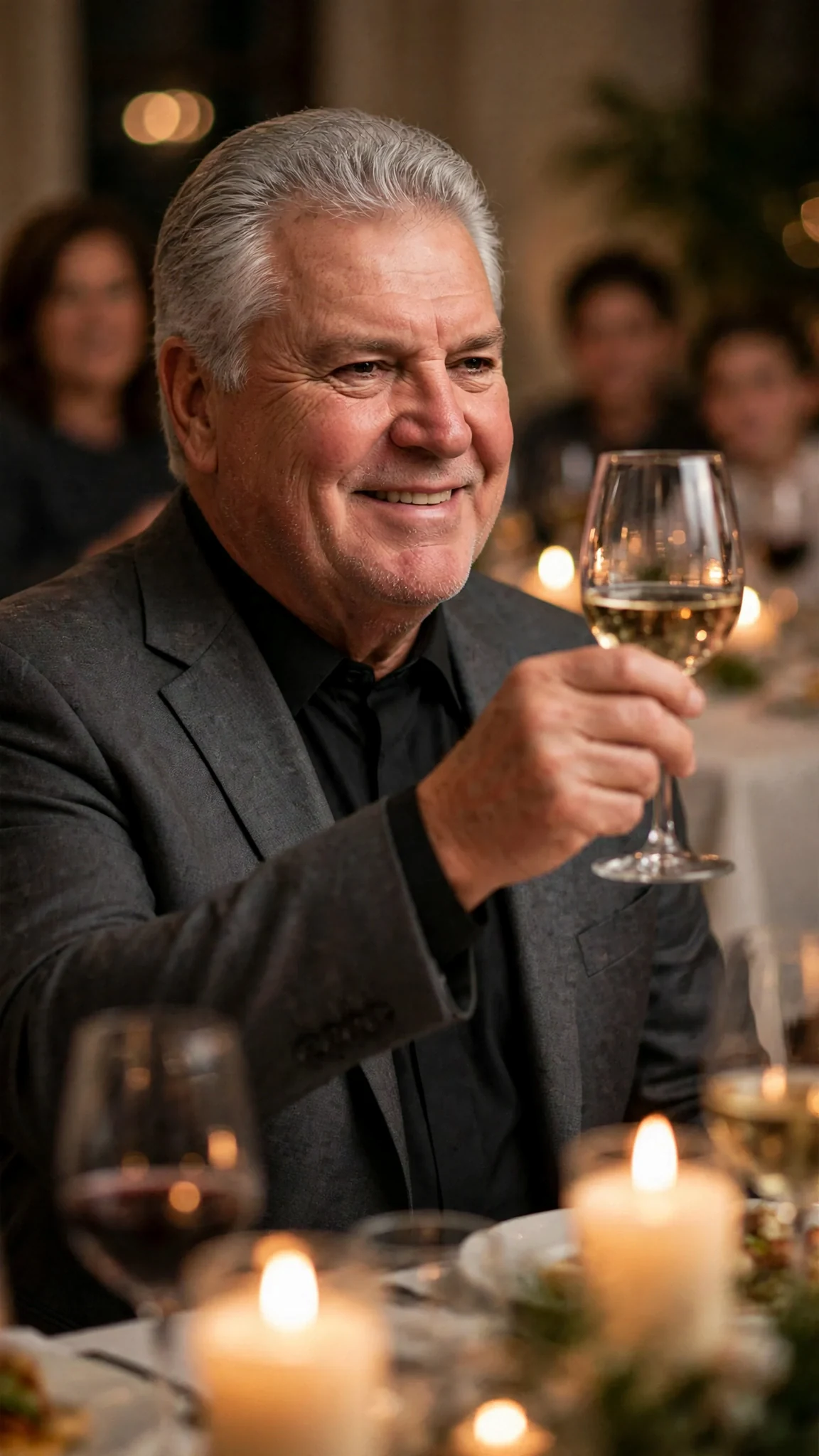 Close on Alfred Dunley, glass raised, announcing to the family.
