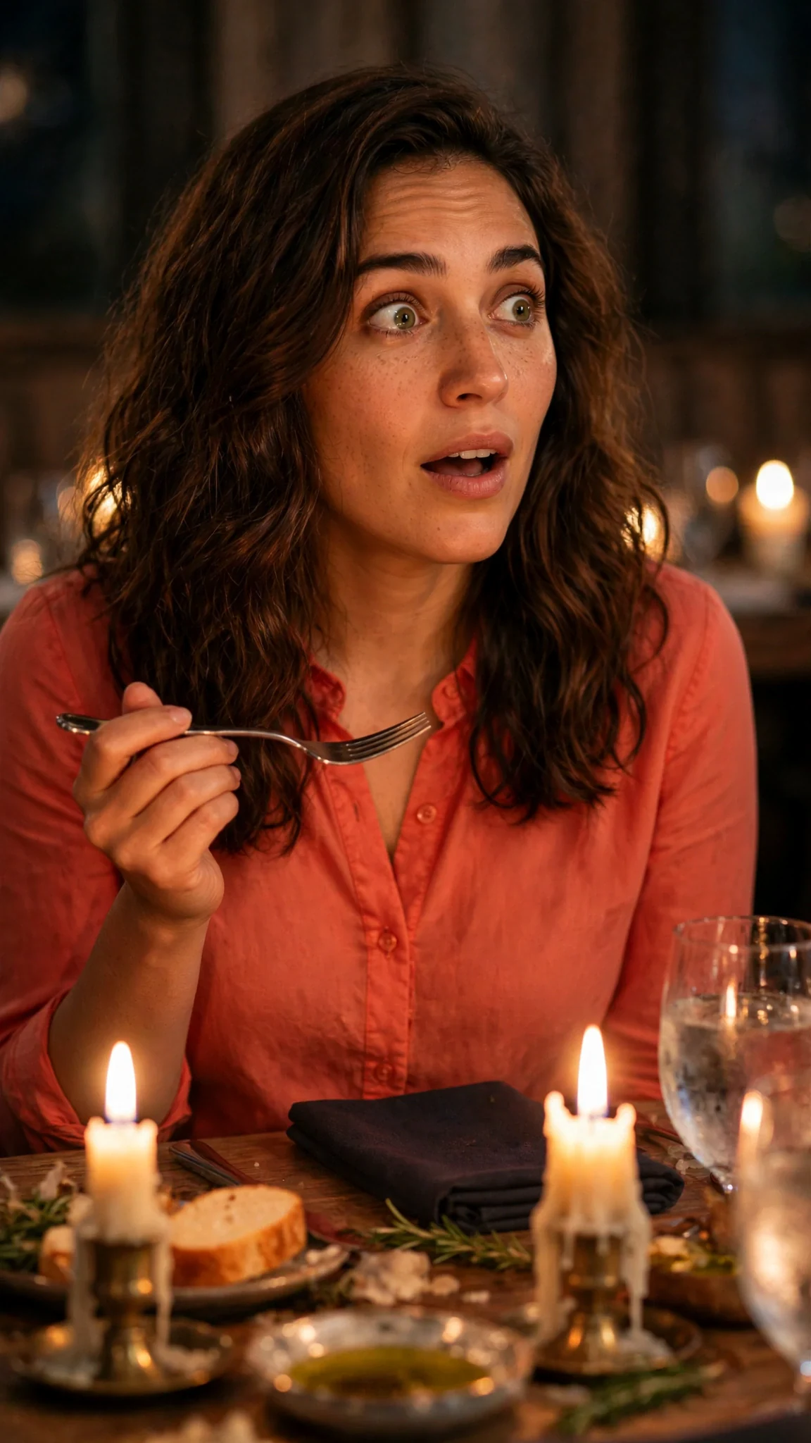 Marielle Dunley at the table, fork held still in the air, eyes wide with hope.