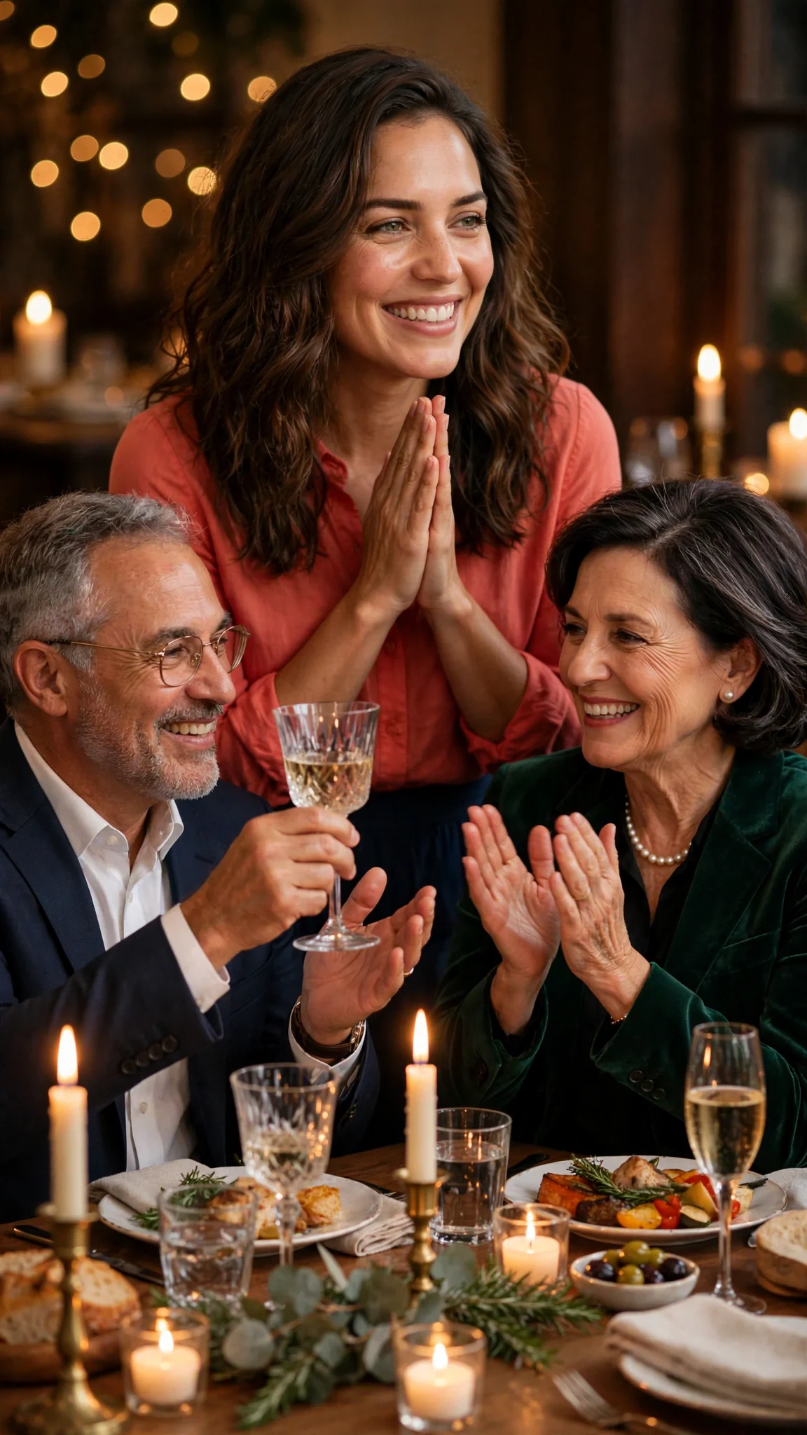 Marielle smiling as the family applauds around the table.