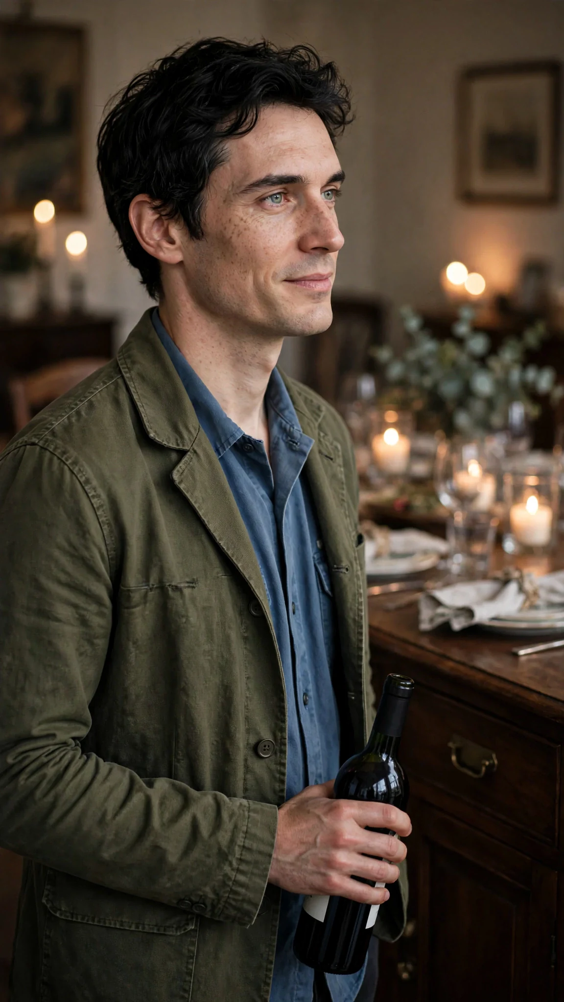 Benedict Roe by the sideboard, wine bottle in hand, watching Marielle with quiet pride.