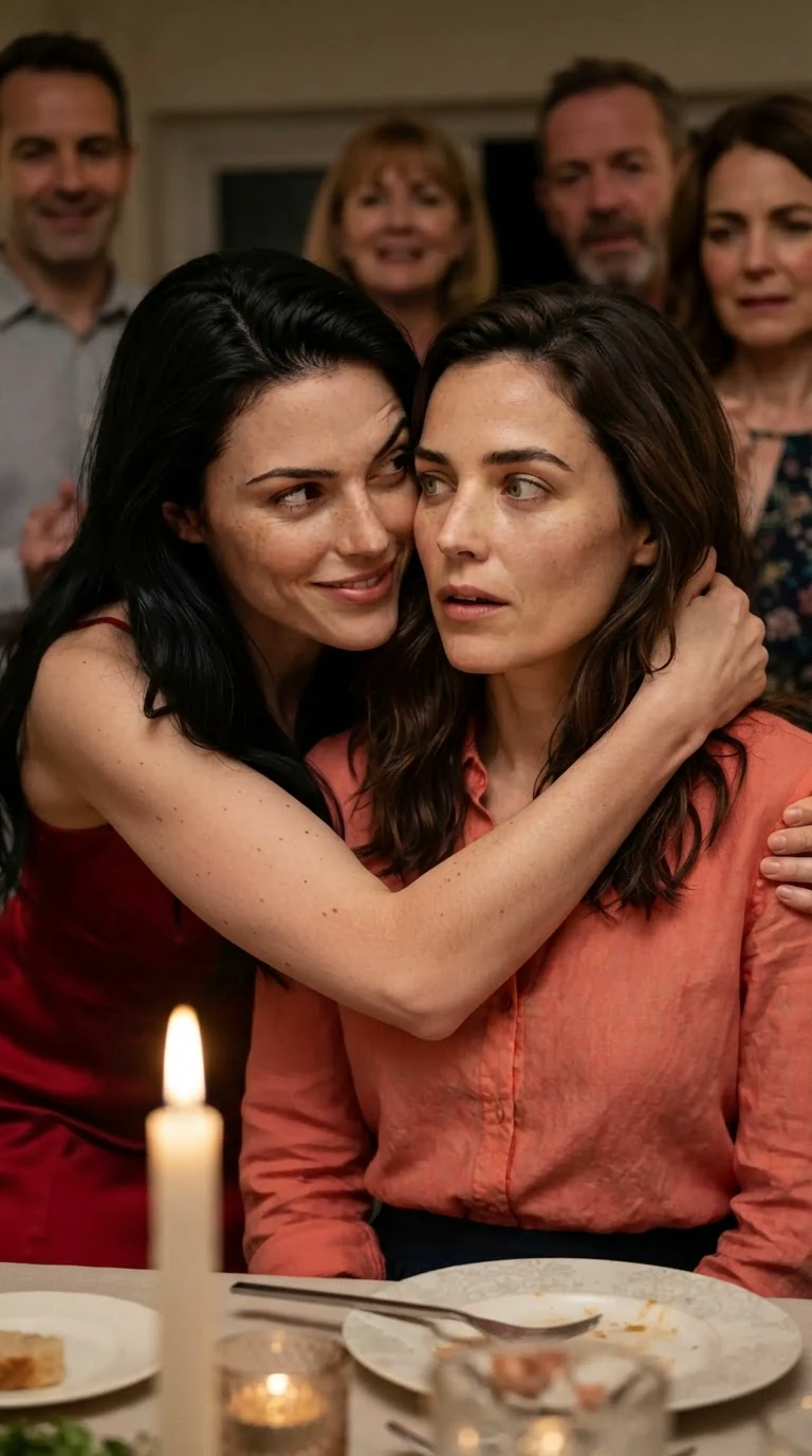 Priscilla pulling Marielle into a hug, mouth near her ear, the family watching.