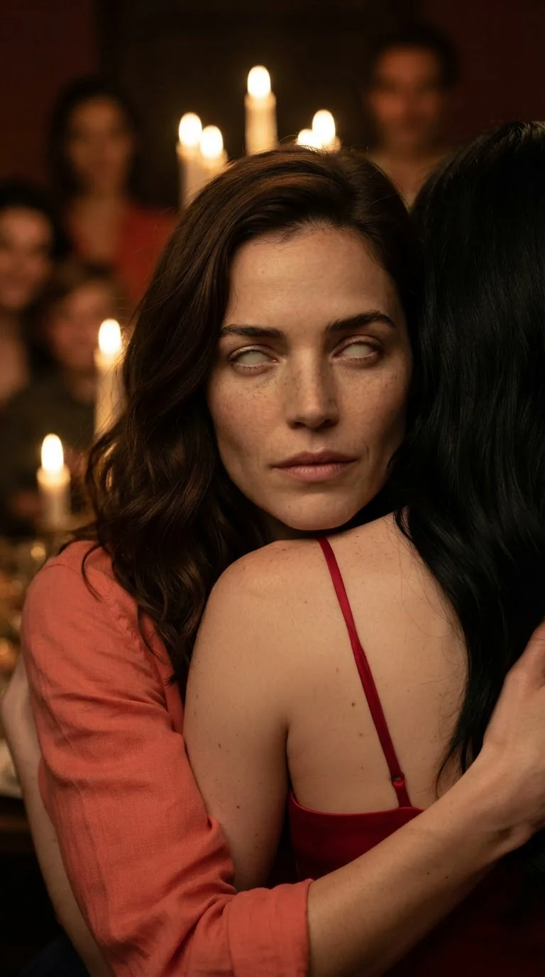 Marielle frozen inside the hug, face pale, the family blurred behind.
