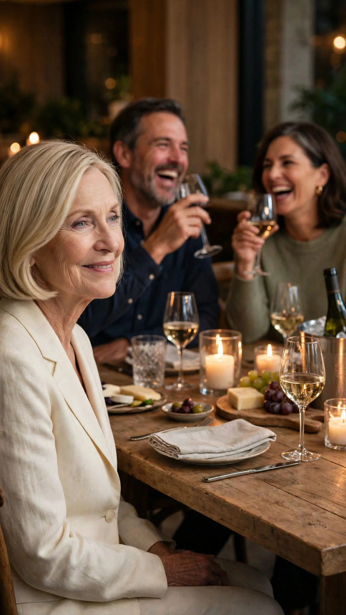 Veronica Dunley smiling mildly while two cousins laugh into their wine.