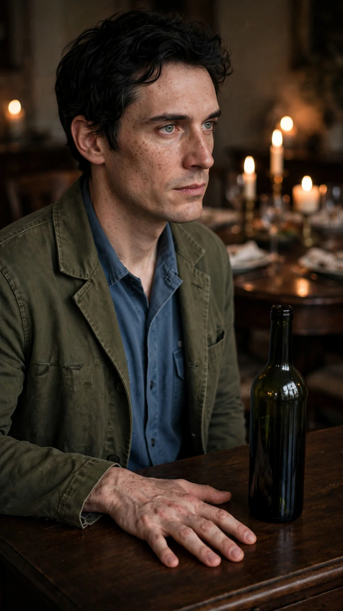 Benedict setting down the wine bottle, face still, knuckles white on the table.