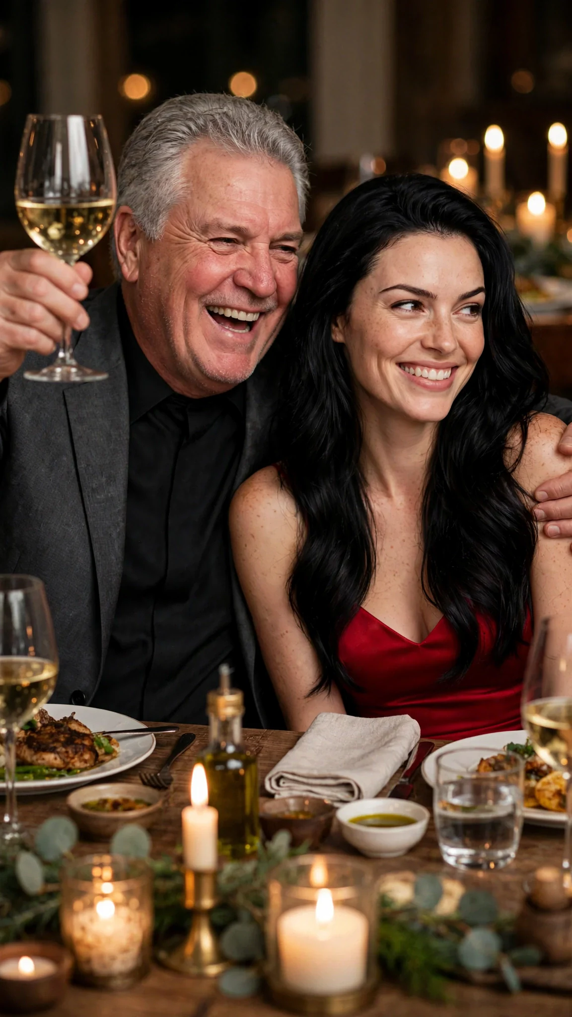 Alfred laughing with his arm around Priscilla, raising his glass.