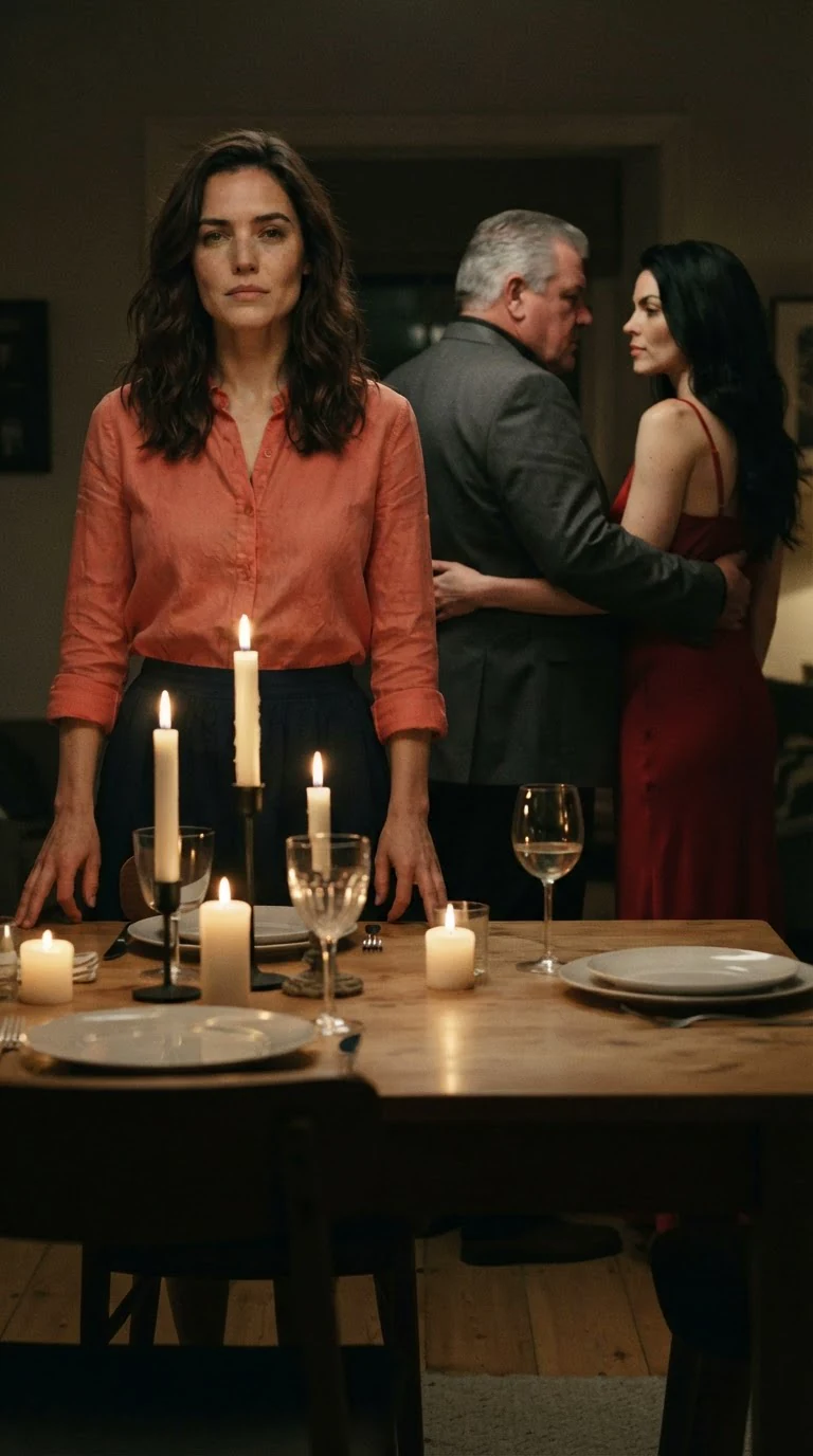 Marielle standing alone, hands at her sides, the family turned away and talking.