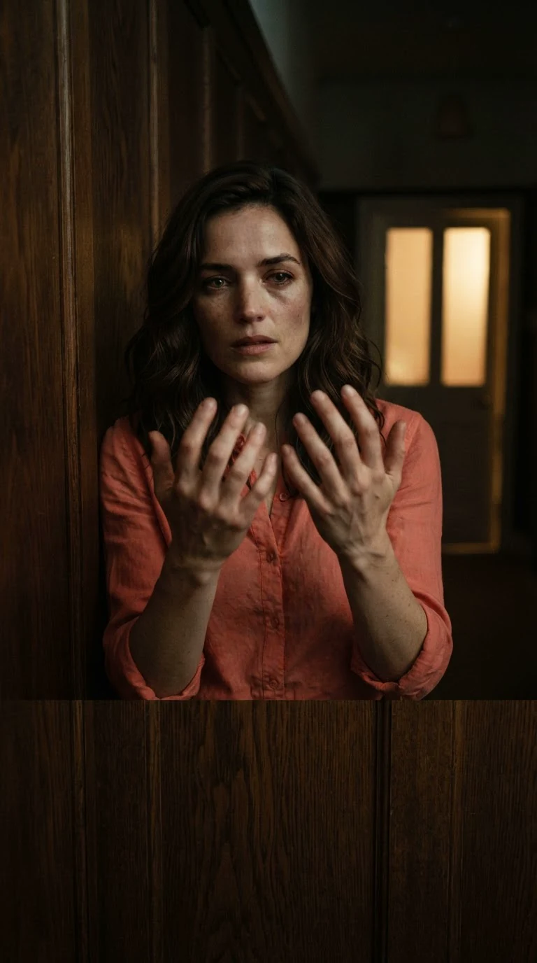 Marielle pressed against the side hall wall, looking at her shaking hands.