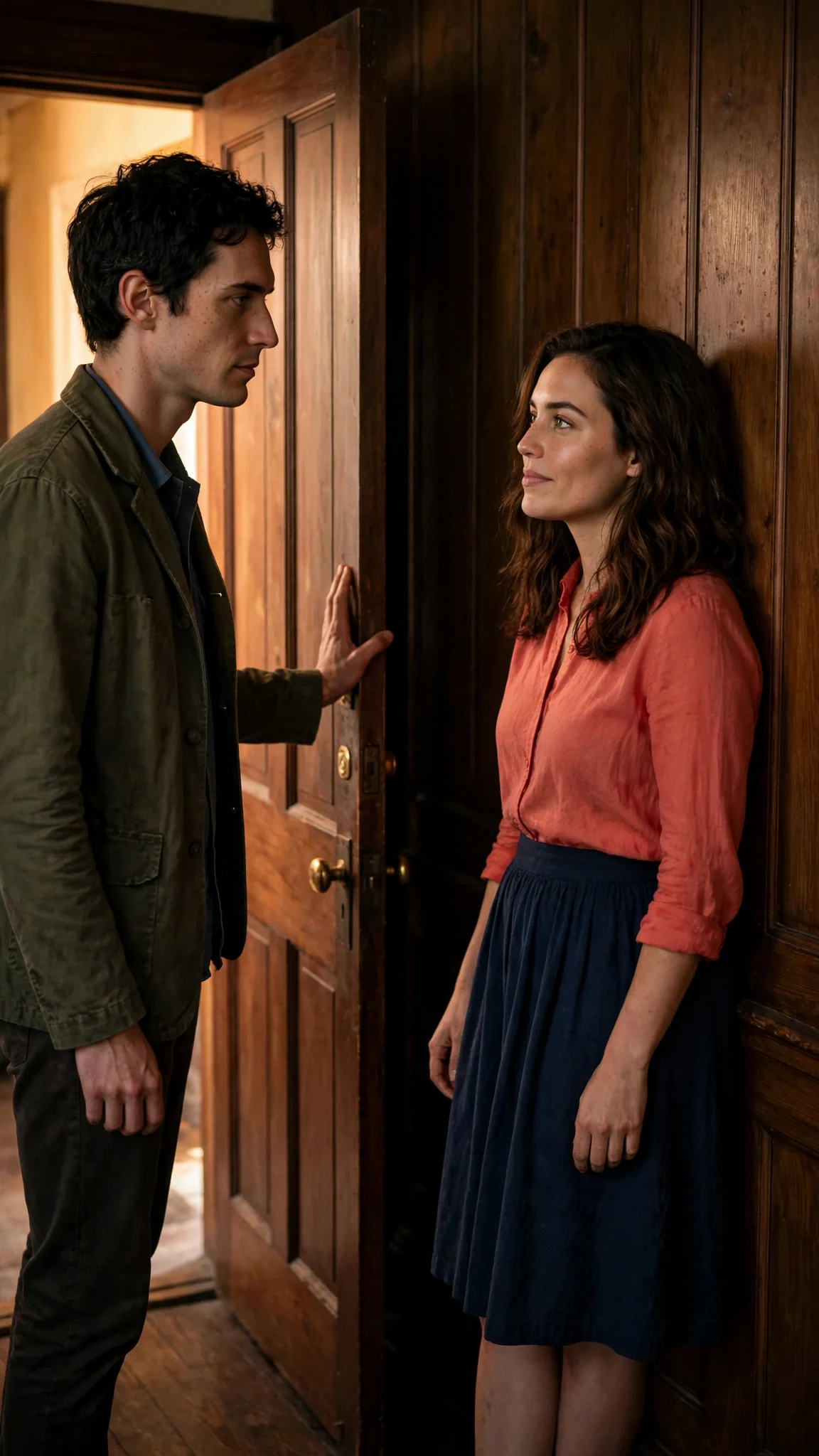 Benedict entering the side hall and closing the door, Marielle against the wall.