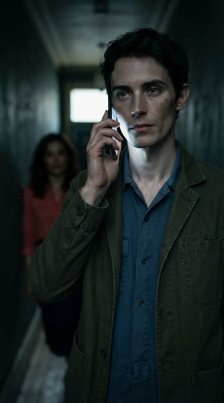 Benedict with his phone, the screen lighting the hard line of his jaw.