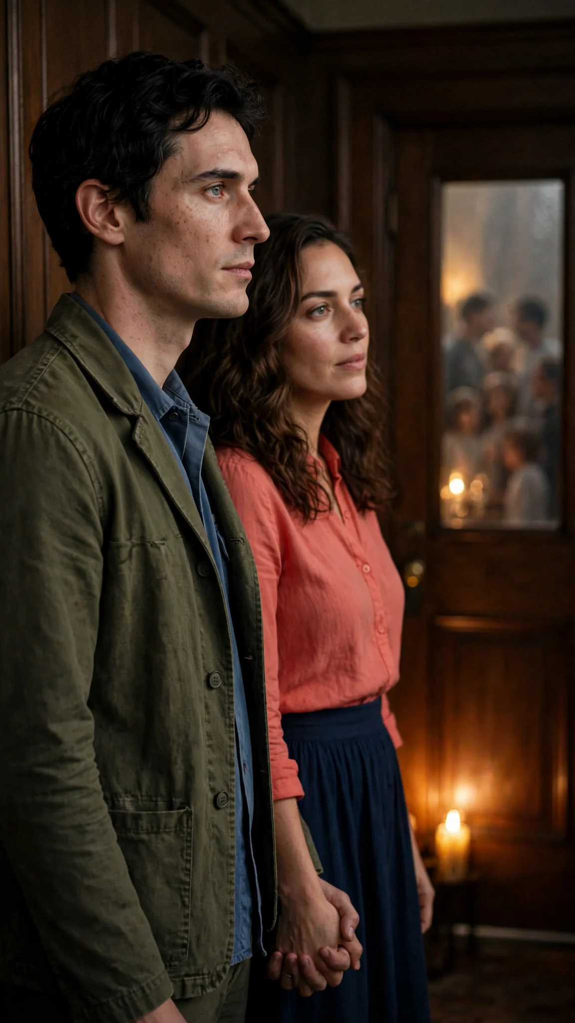 Benedict looking at the closed dining room door, jaw set, while Marielle stands beside him.
