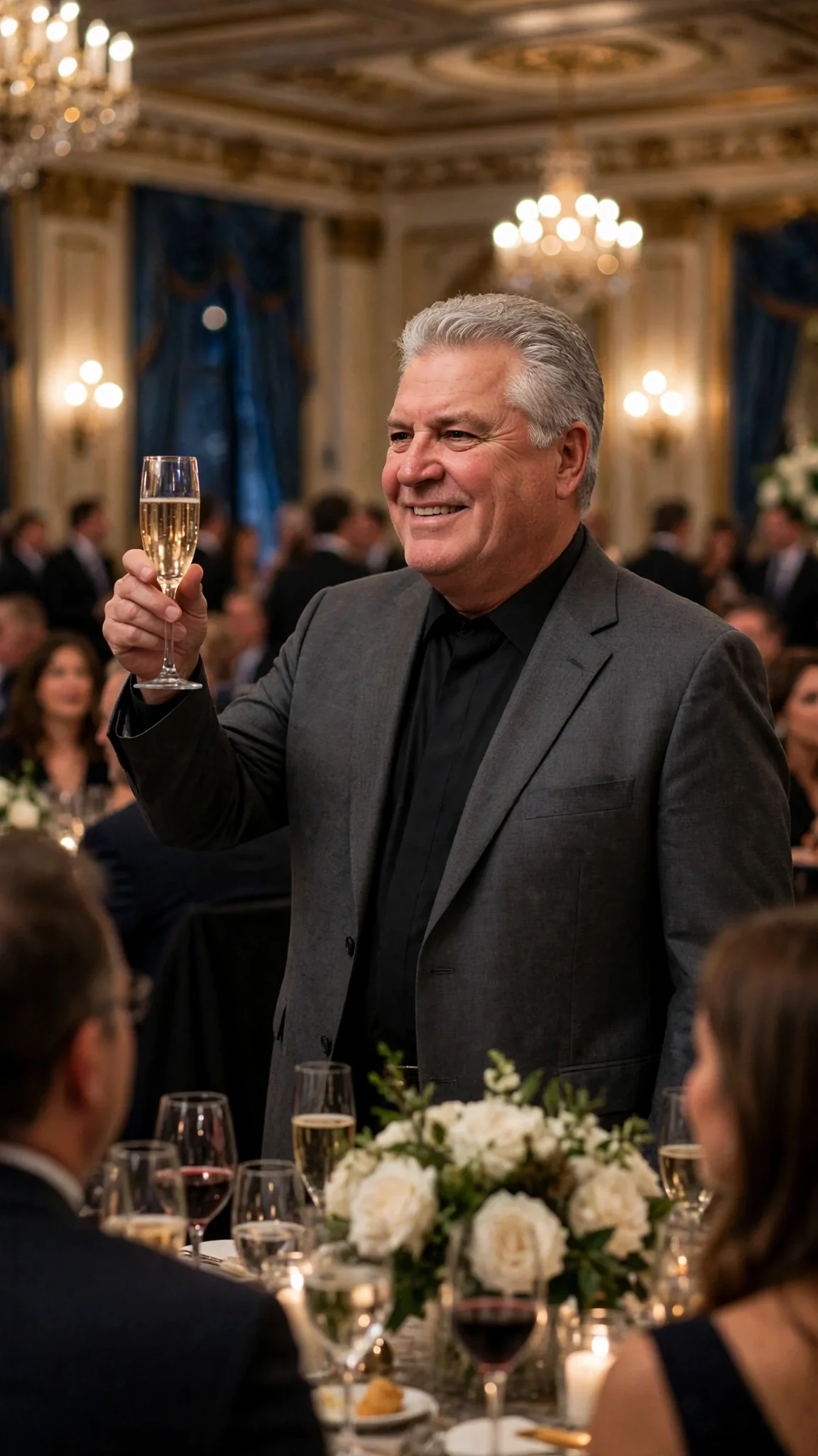 Alfred Dunley stands at the head of a candlelit ballroom table with his glass raised while donors watch him.