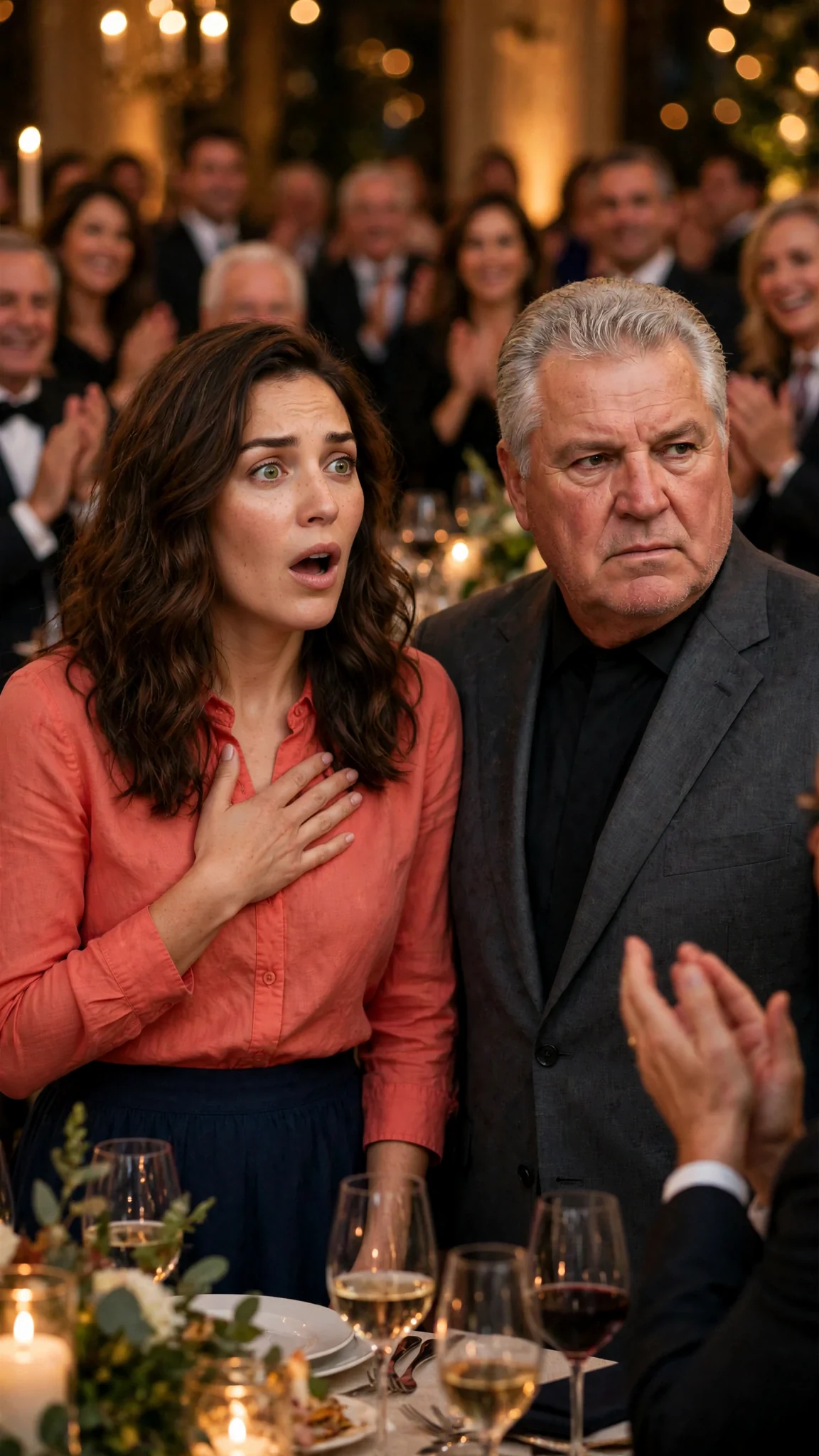Marielle stands beside her father as donors applaud her, her face lit with disbelief.