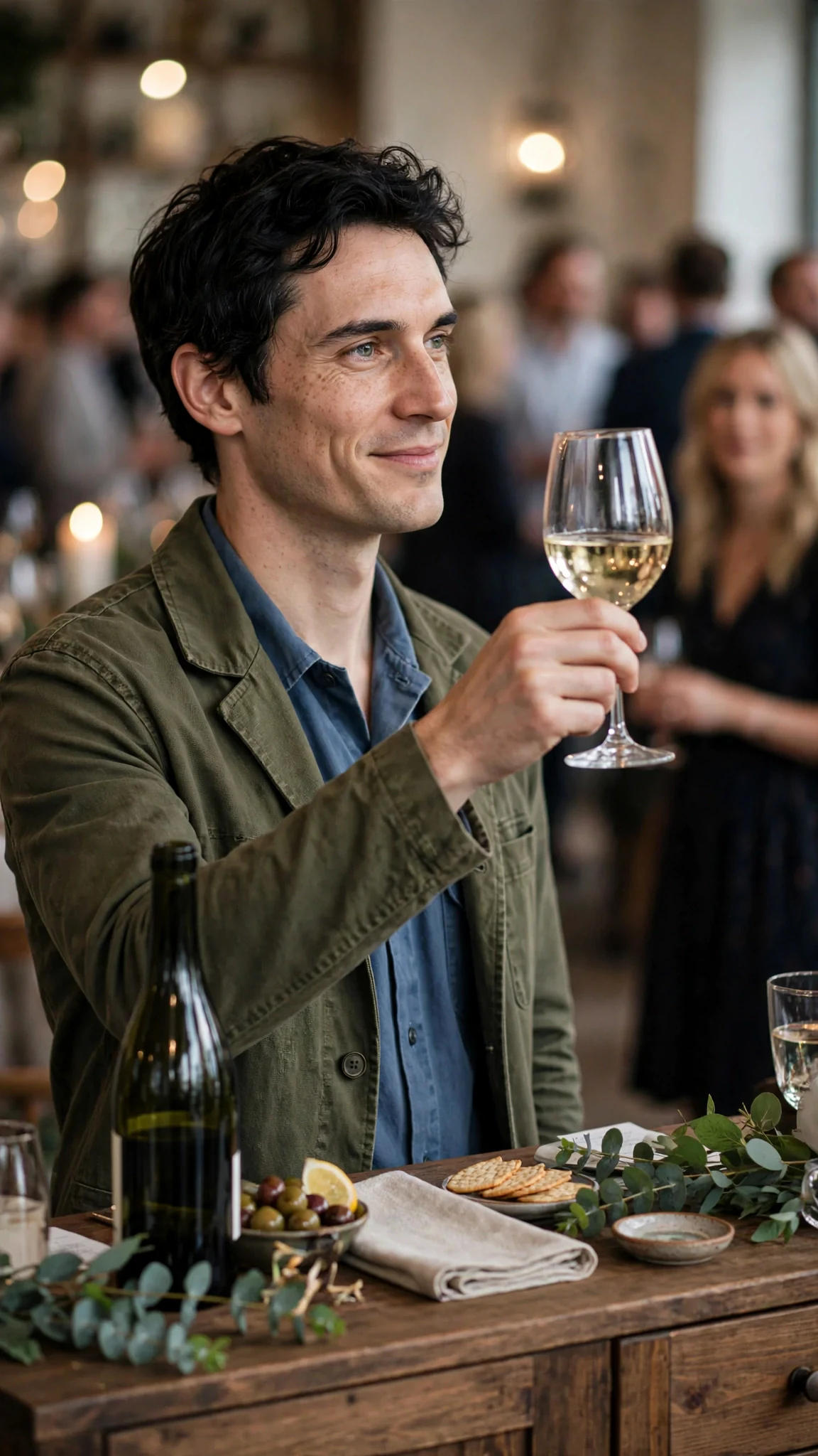 Benedict stands by the sideboard with a wine glass, lifting it an inch toward Marielle.