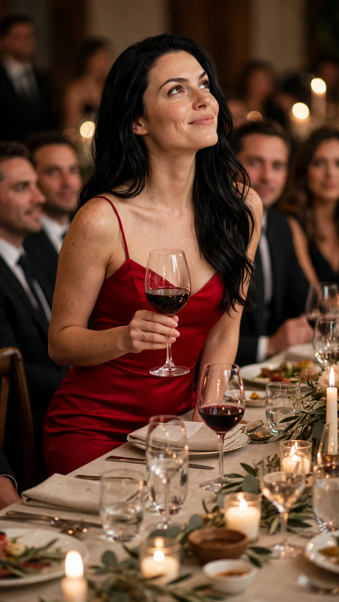Priscilla rises from the table in a red dress, glass in hand, smiling at the donors.