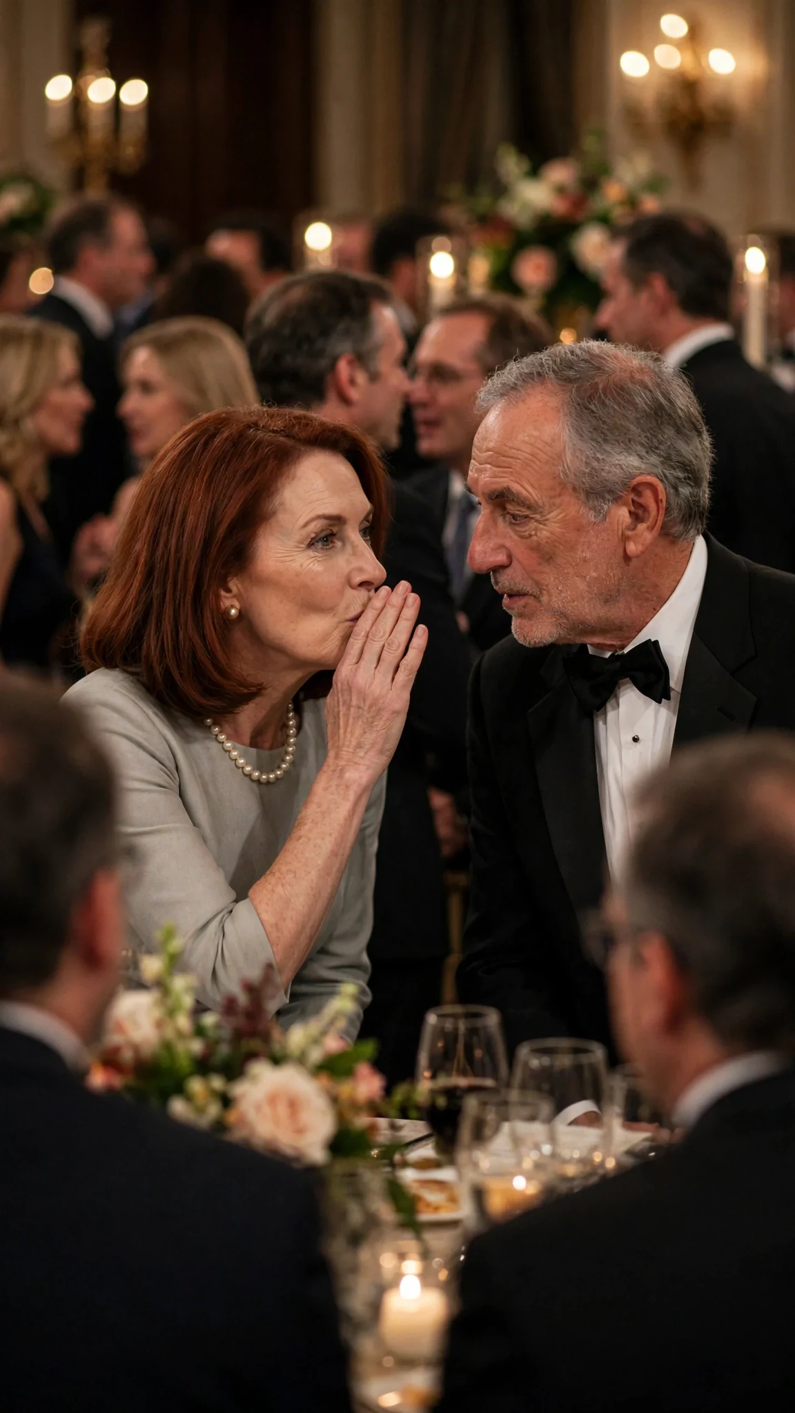 Donors at the near tables whisper behind their hands, eyes sliding toward Marielle.