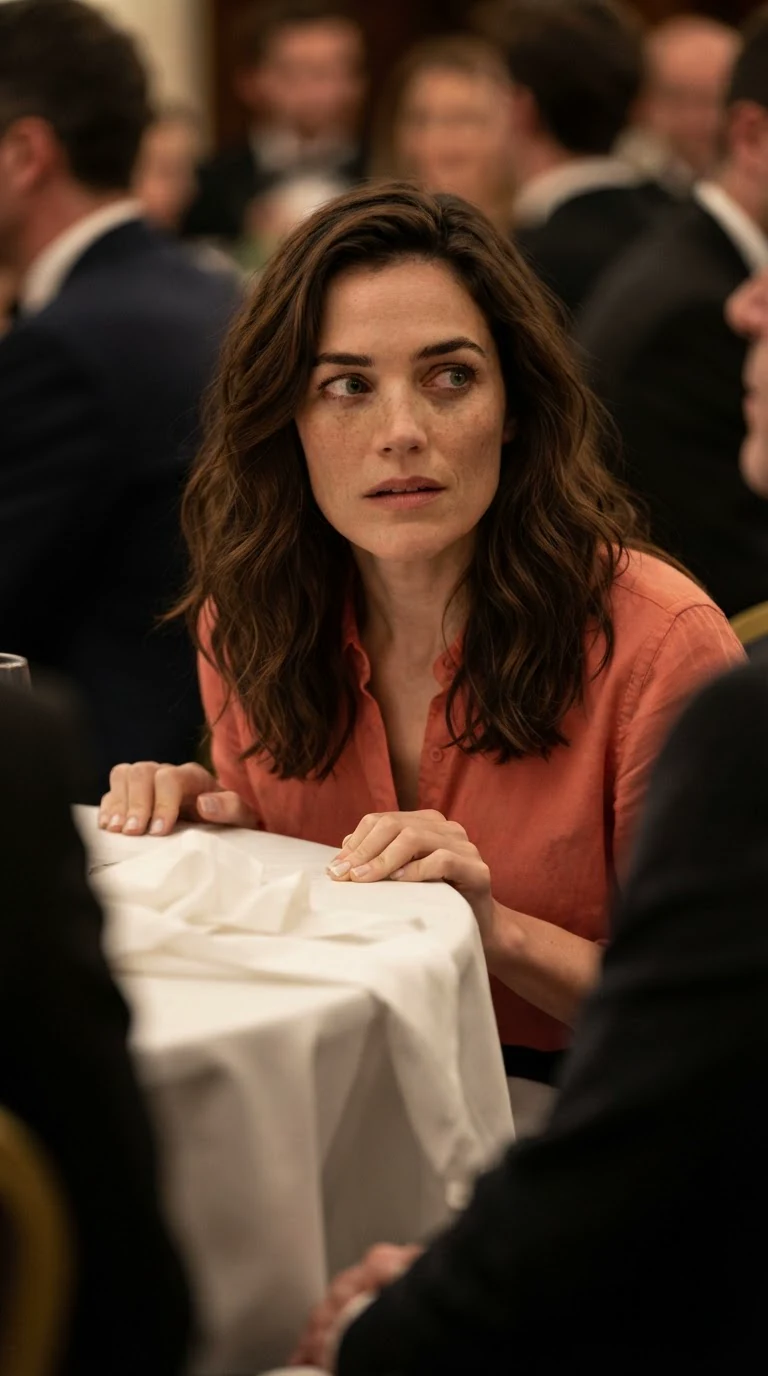 Marielle grips the table edge, knuckles white, looking for her husband.