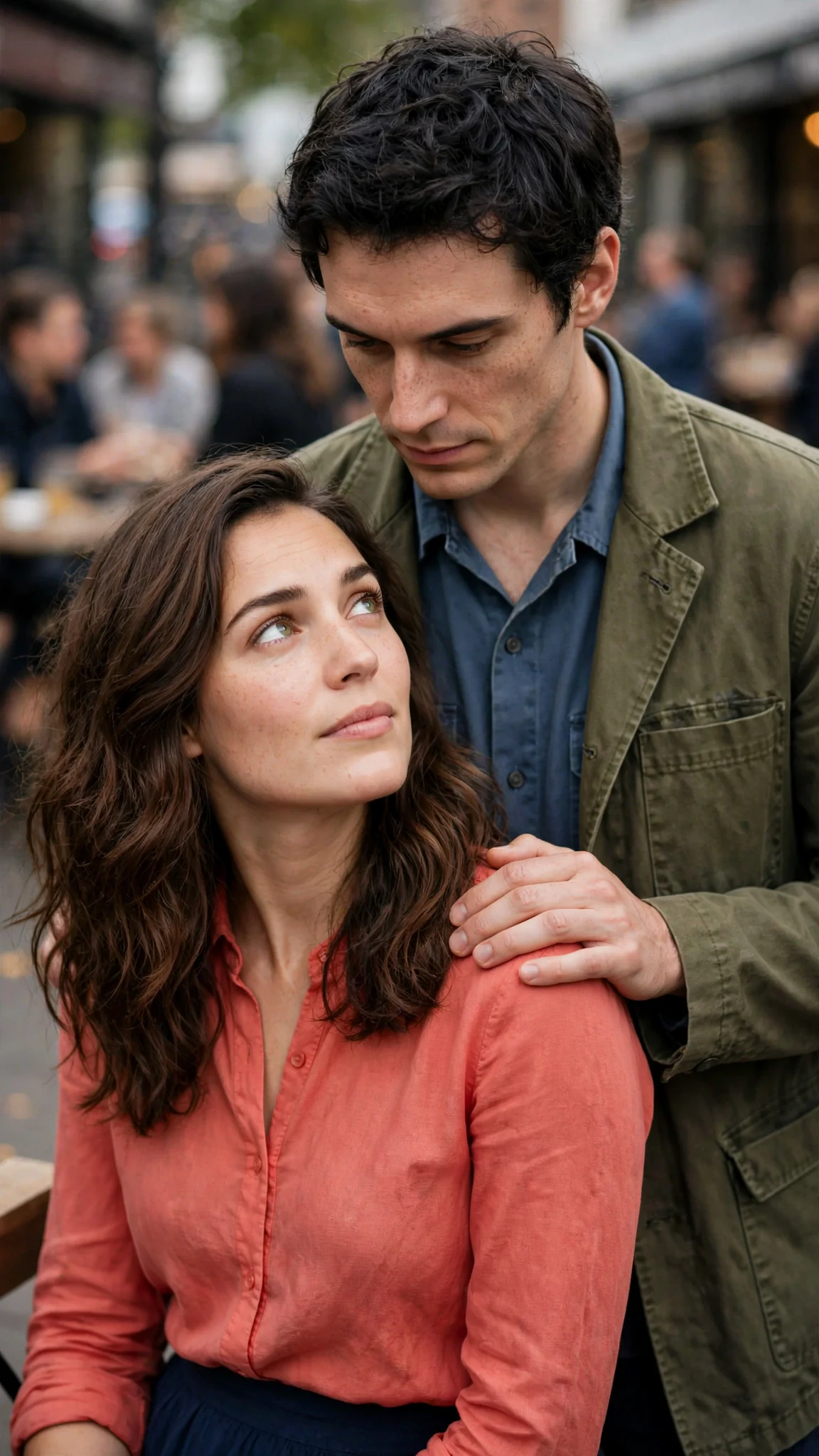 Benedict steps close and puts a steady hand on Marielle's back, eyes on her face.