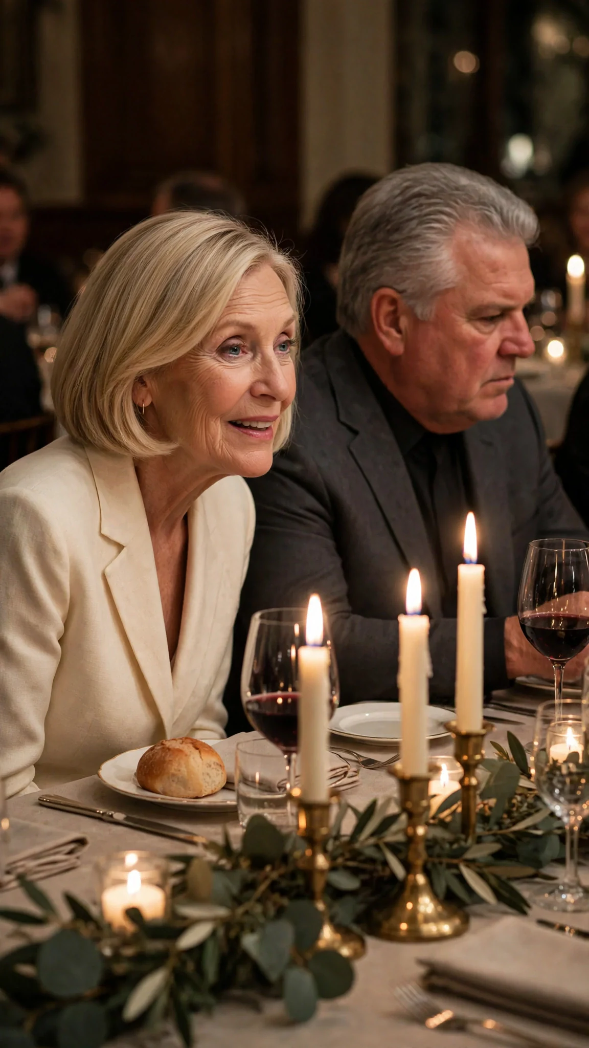 Veronica leans in with a cold smile while Alfred looks away down the table.