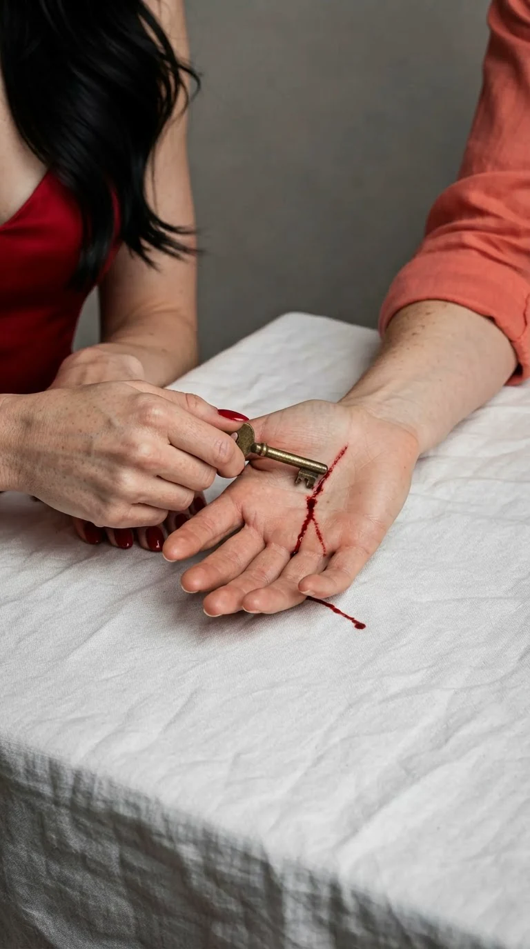 Priscilla folds the brass key into Marielle's palm, and blood runs over her fingers.