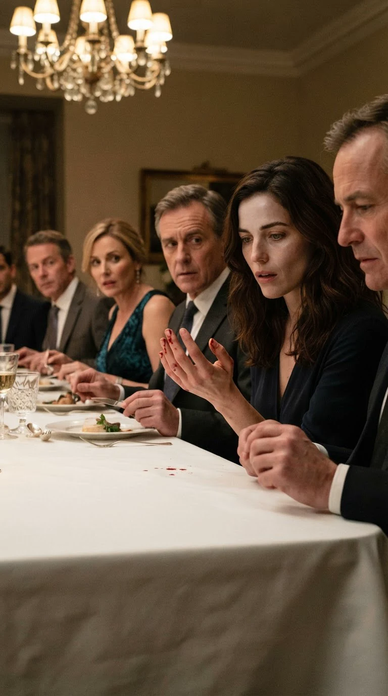 Marielle's bleeding hand shakes above the table while donors look away.