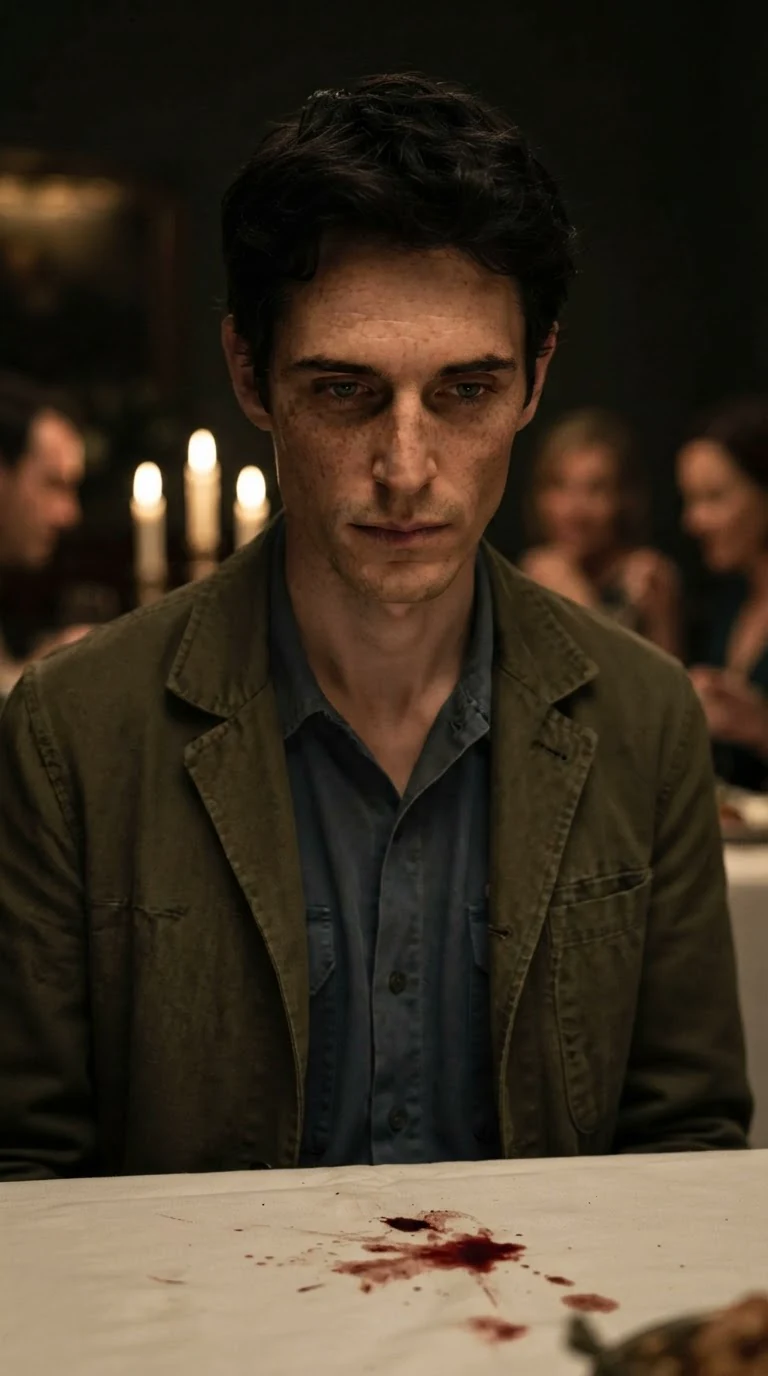 Benedict watches the blood on the white cloth, his face going cold and still.