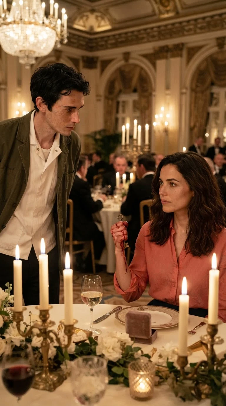Benedict stands at the head table in his work shirt, looking down at the brass key in his wife's bloody hand.