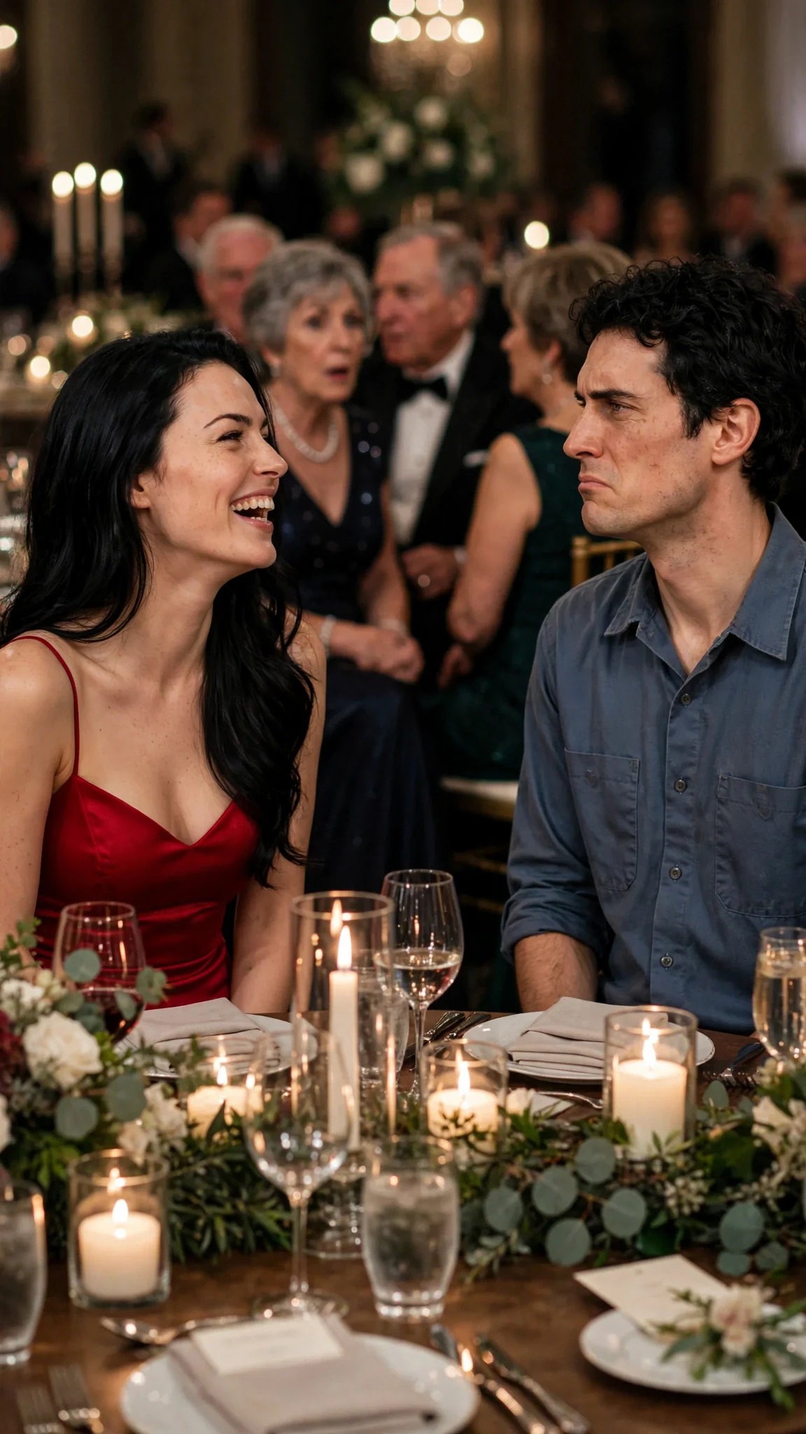 Priscilla in a red dress laughs at Benedict across the head table while donors watch.