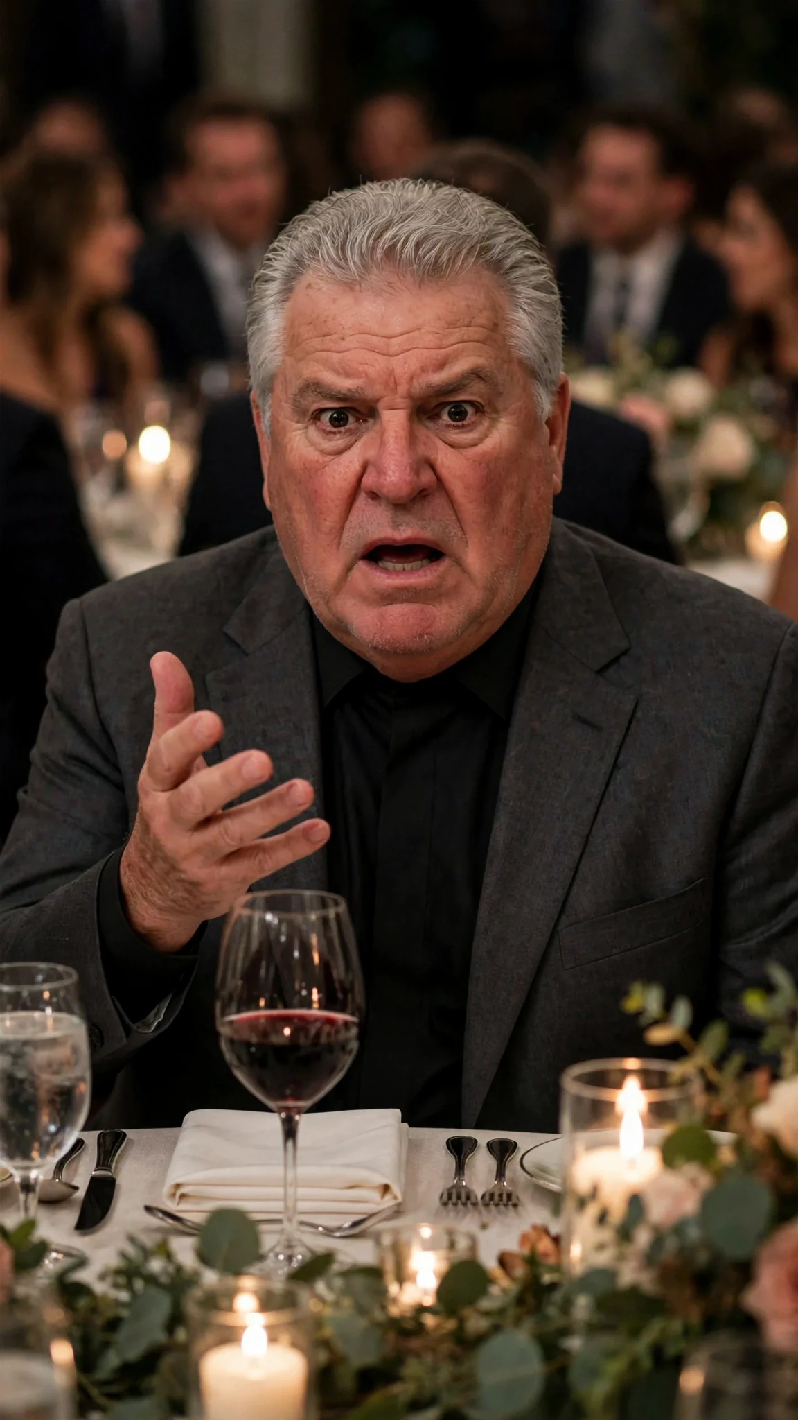 Alfred Dunley freezes with his hand halfway to his glass, silver hair lit by candles.